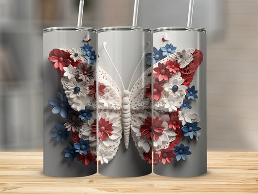 Three tall tumblers with a white butterfly design made of red, white, and blue flowers.