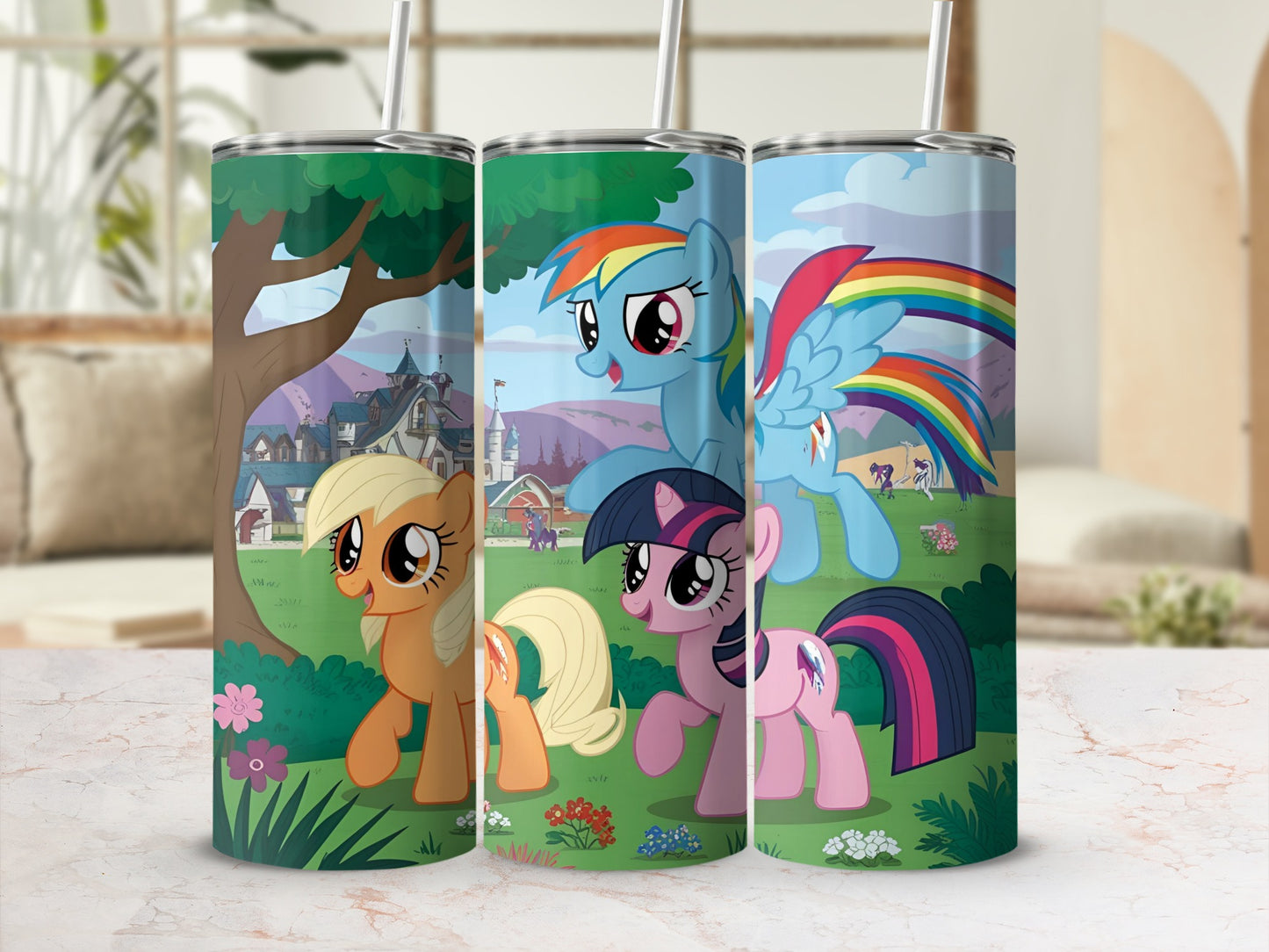 My Little Pony characters Applejack, Rainbow Dash, and Twilight Sparkle on tumblers.