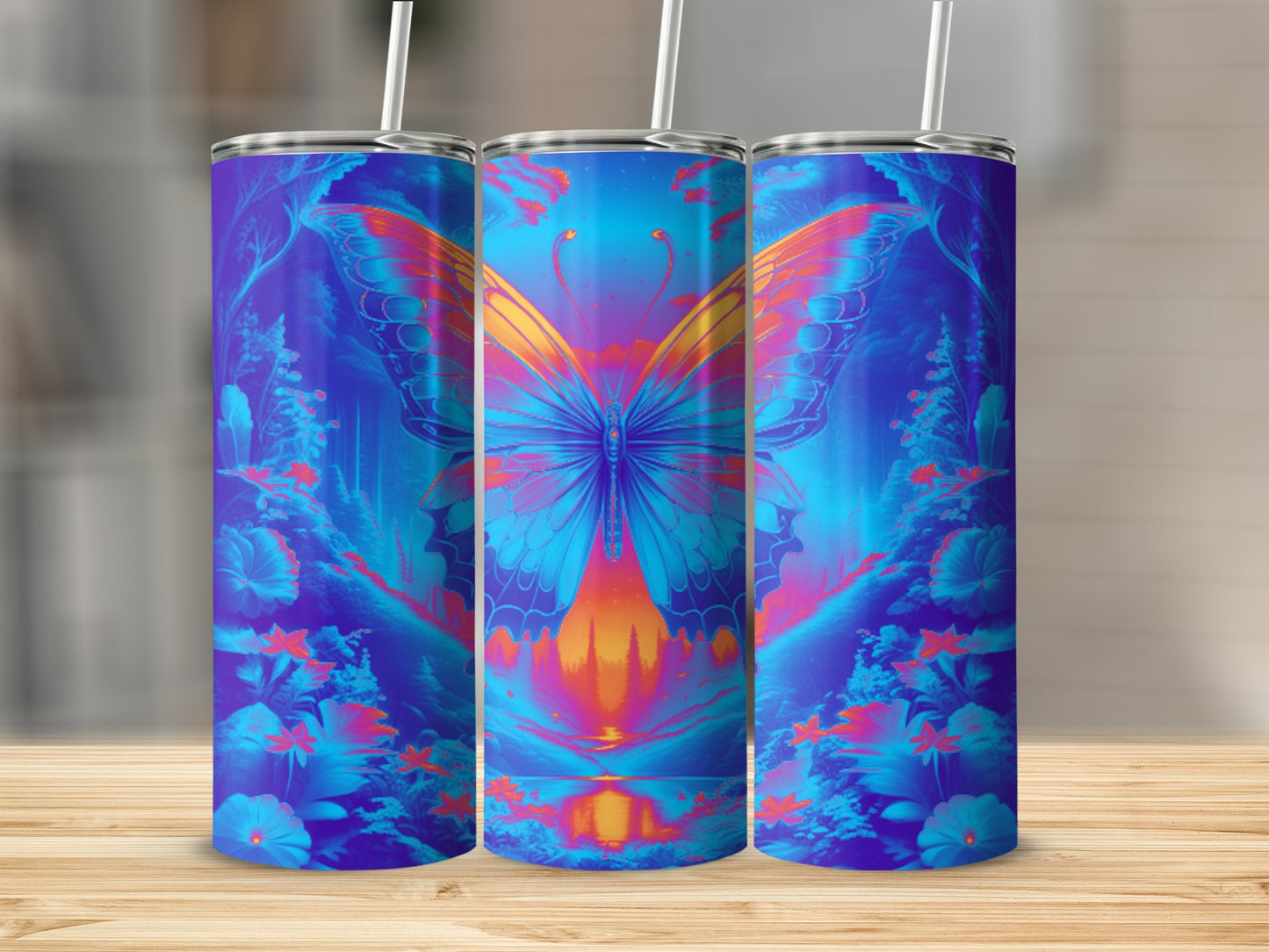 Three tumblers featuring a vibrant, abstract butterfly design with blue and purple hues.