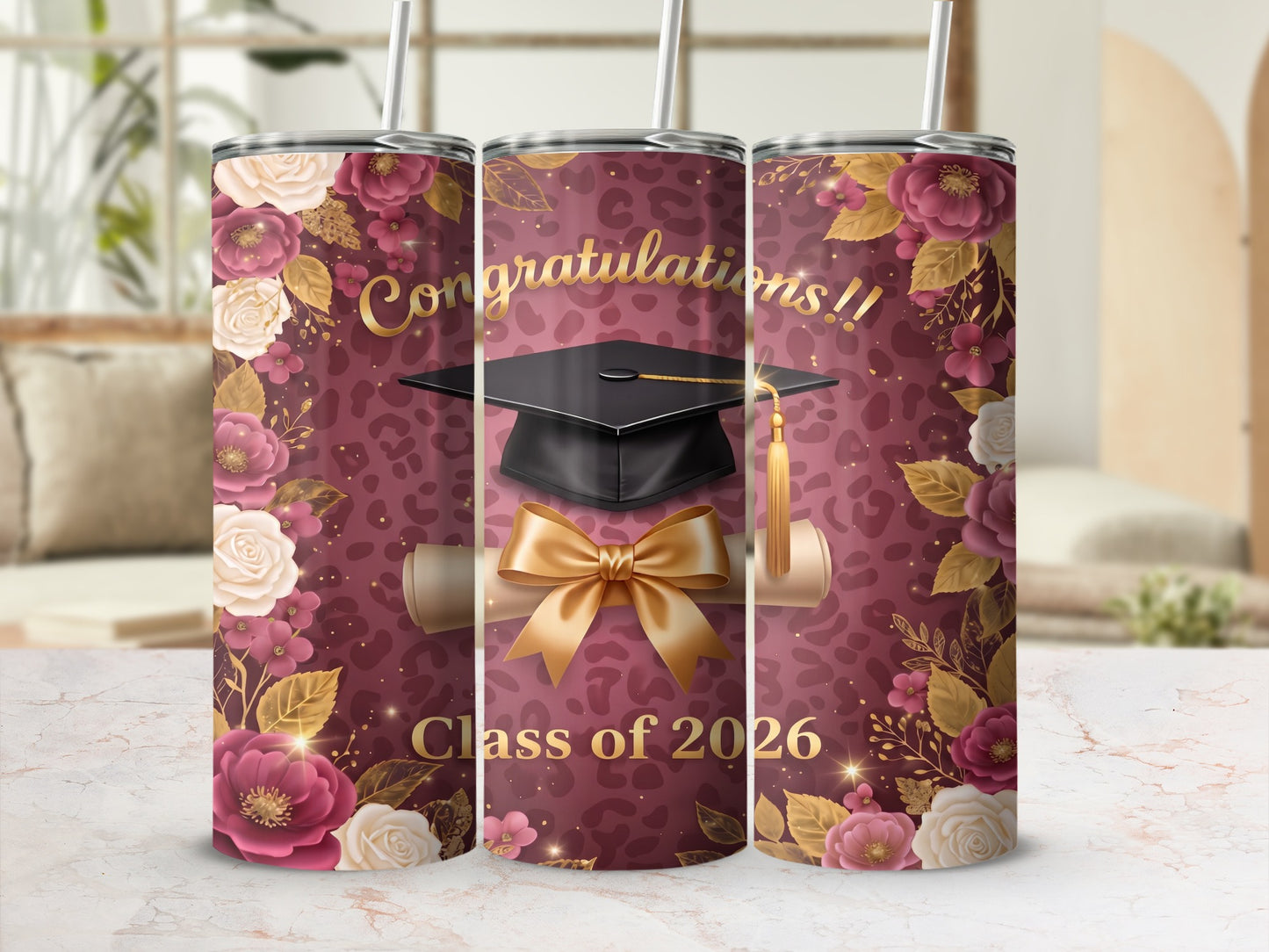 Graduation tumbler with "Congratulations!!" and "Class of 2026" text.