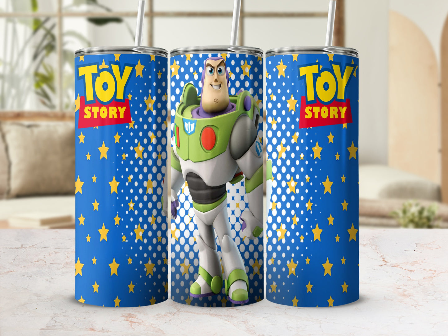 Toy Story tumbler with Buzz Lightyear and yellow stars on a blue background.