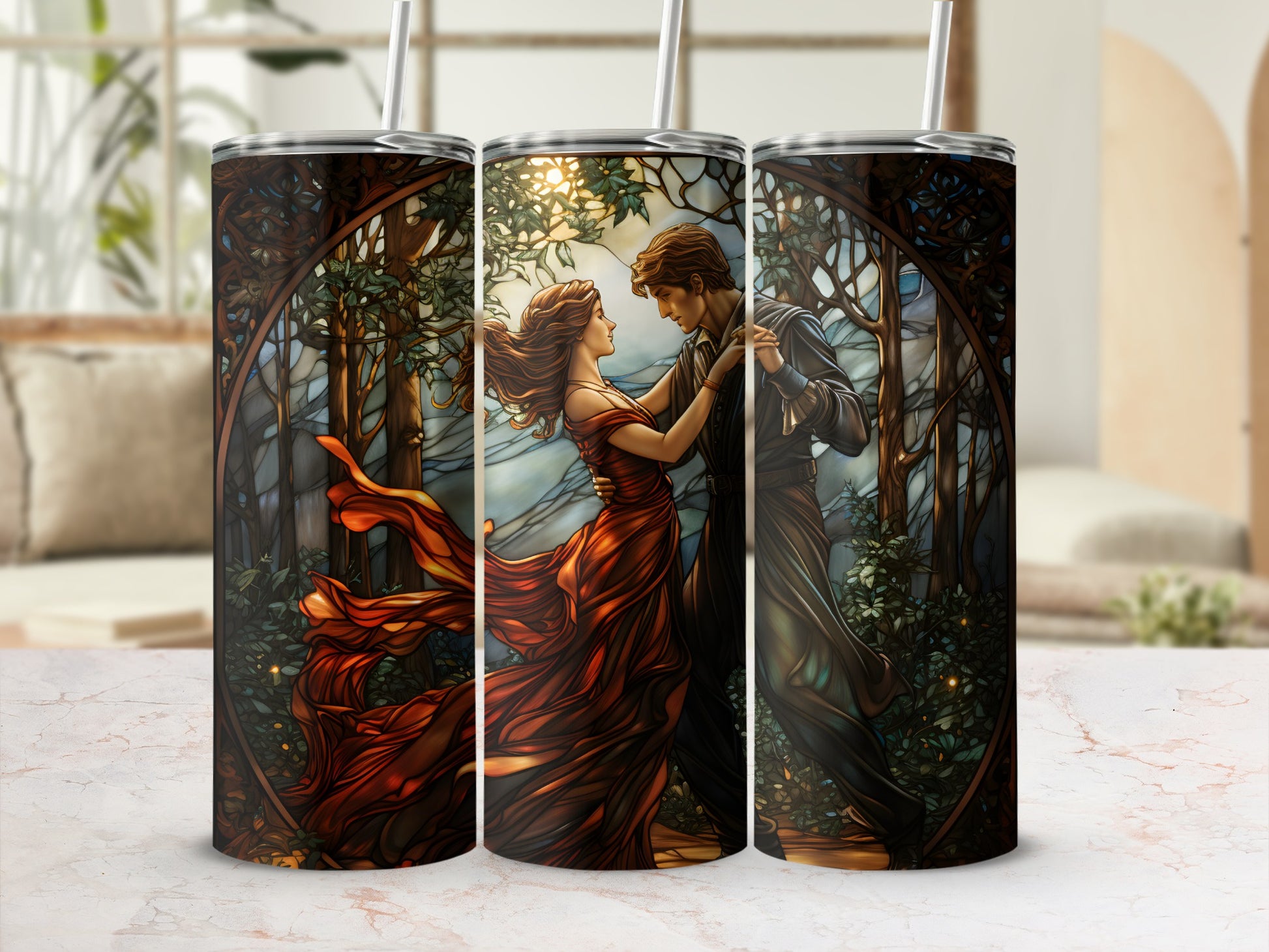 Couple dancing in a forest with a stained glass effect.
