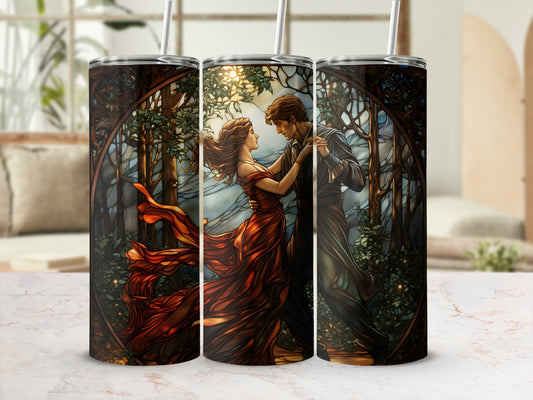 Couple dancing in a forest with a stained glass effect.
