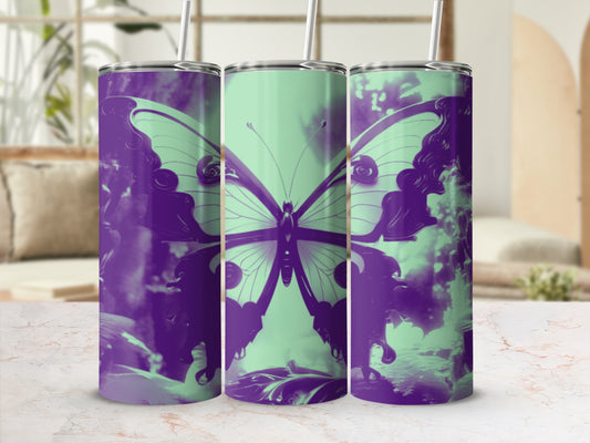Purple and mint green tumbler with a large butterfly graphic.