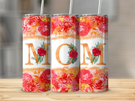 Three tumblers with floral design and "MOM" text.