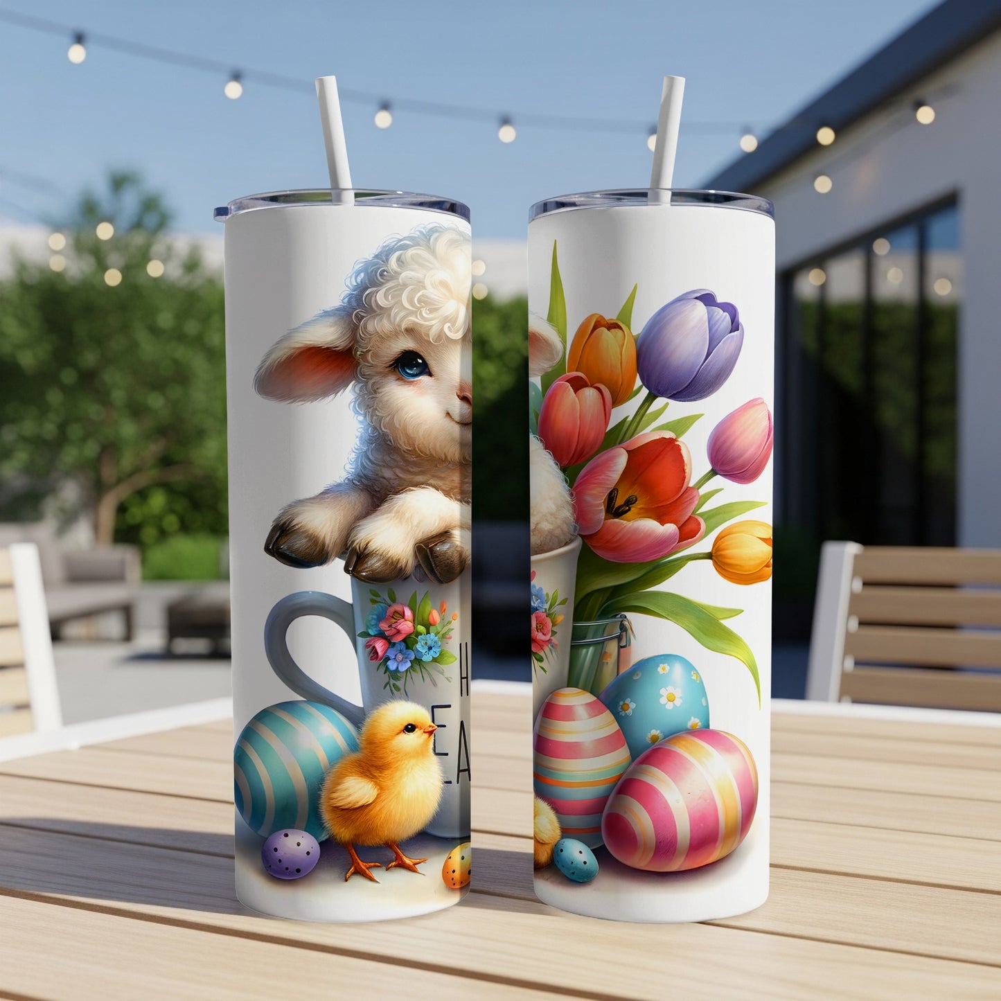 Easter bunny and chick with painted eggs and tulips on two tumblers.