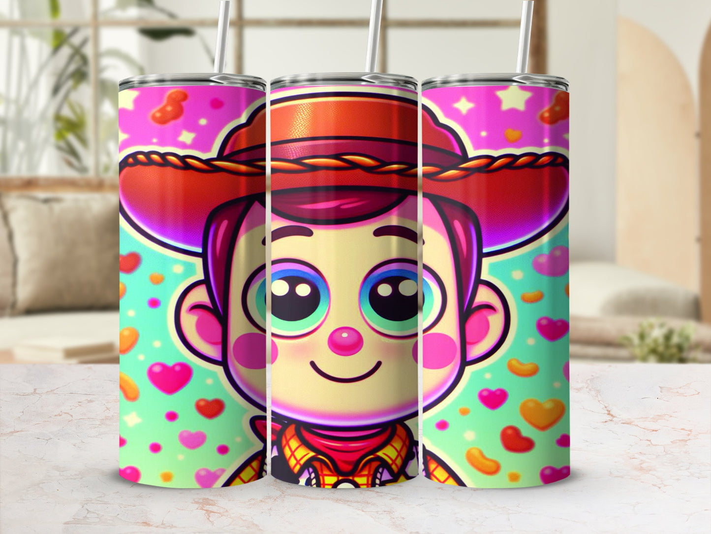 Toy Story Woody character cartoon tumbler with hearts and stars design.