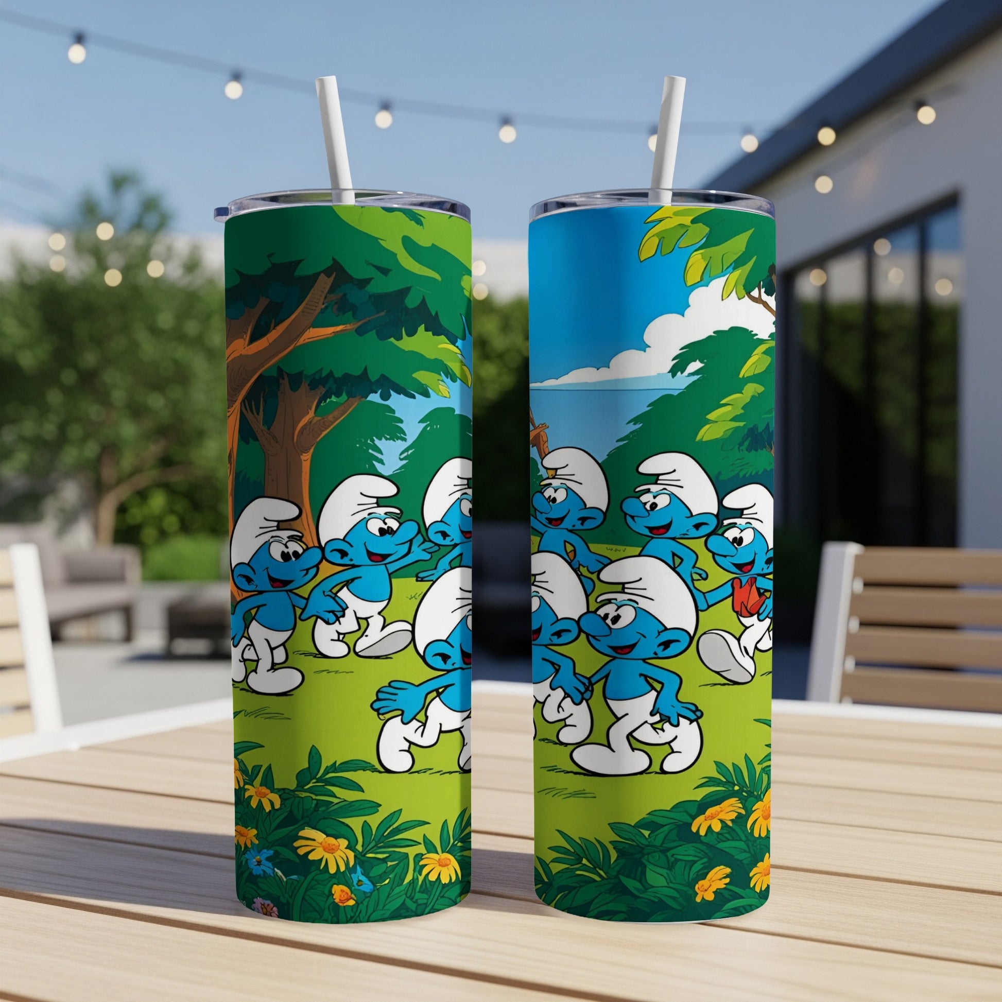Smurfs illustration on a tumbler with a green grassy background and blue sky.