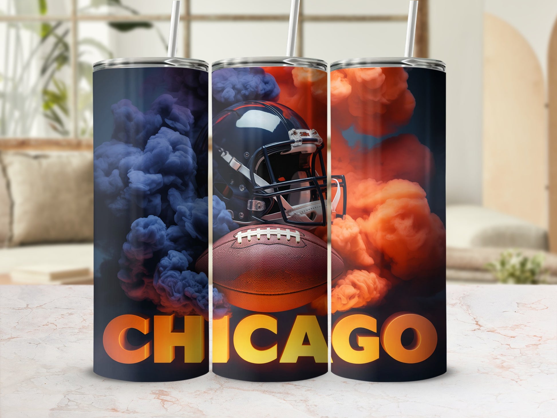 Chicago themed tumbler with football helmet, football, and colorful smoke.
