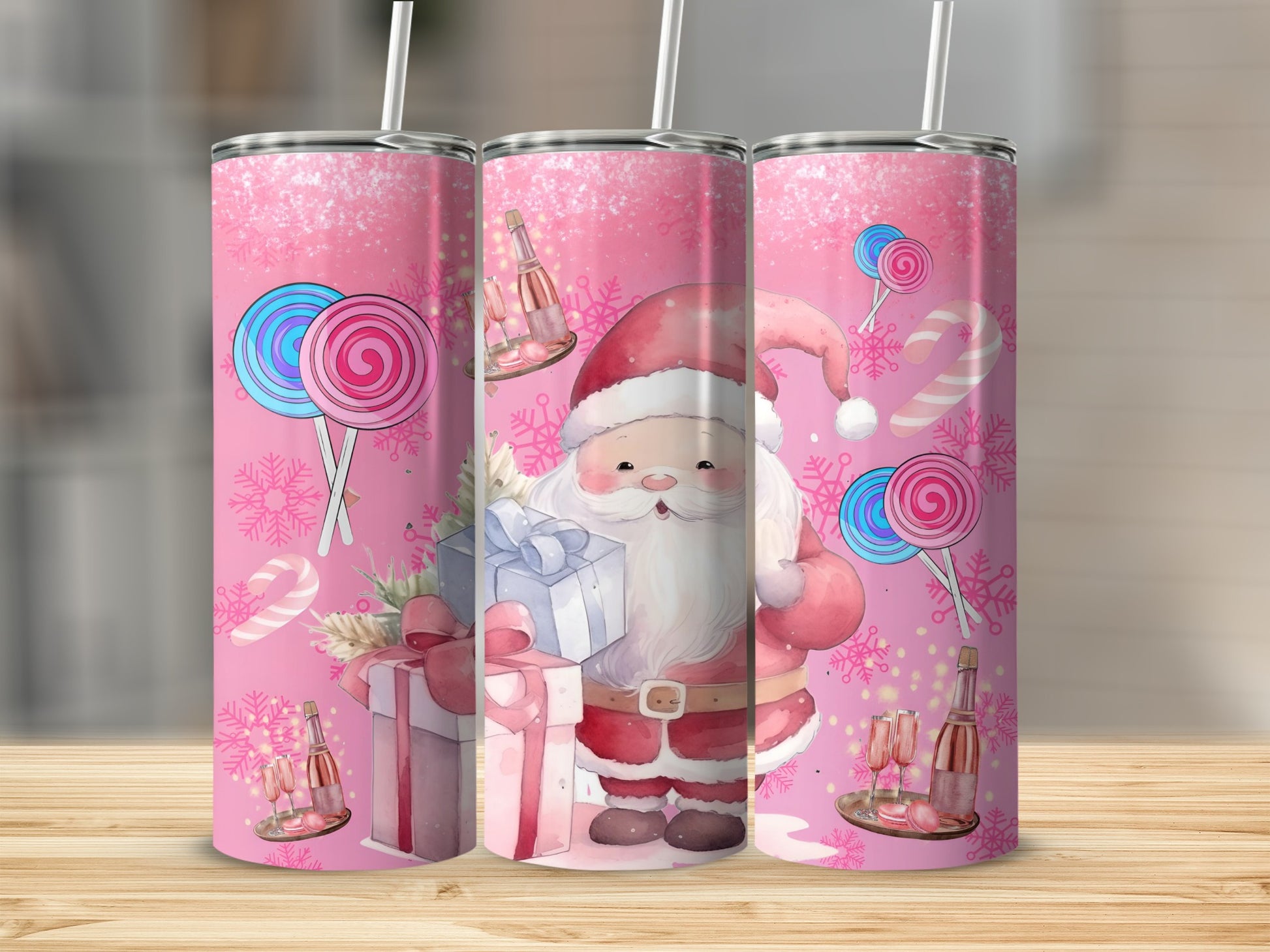 Pink Santa and Candy Cane Christmas Tumbler