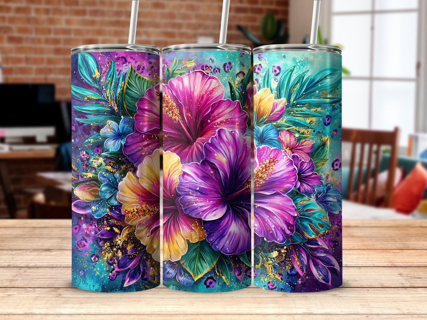 Vibrant Colorful Floral Tumbler with Tropical Design