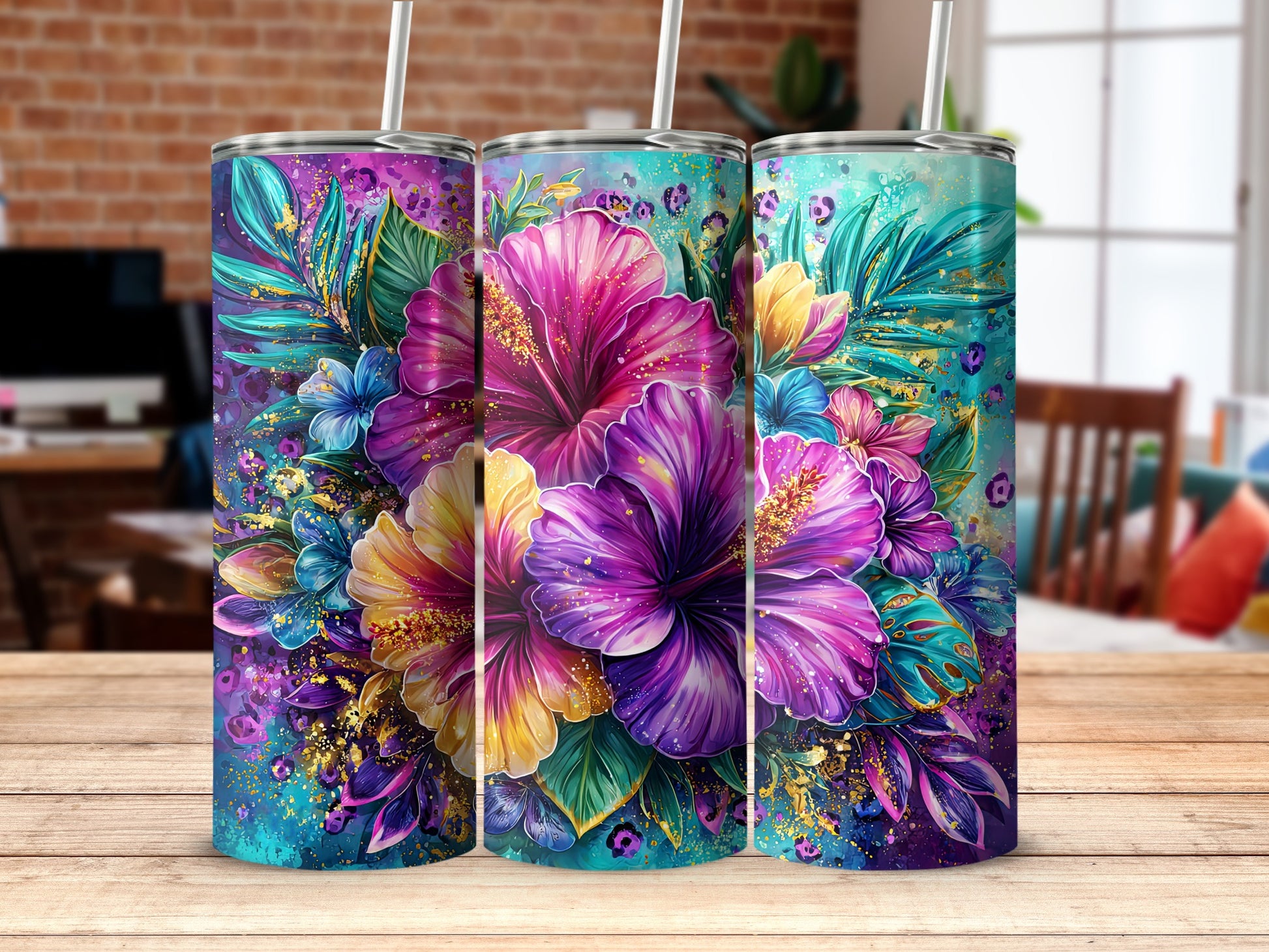 Vibrant Colorful Floral Tumbler with Tropical Design