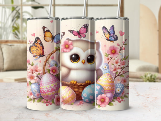 Three tumblers featuring a cartoon owl, Easter eggs, and butterflies with floral accents.