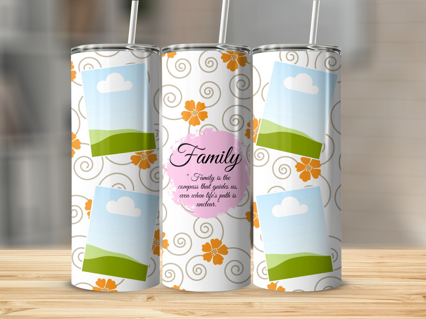 Tumbler with family quote, floral pattern, and placeholder photo frames.