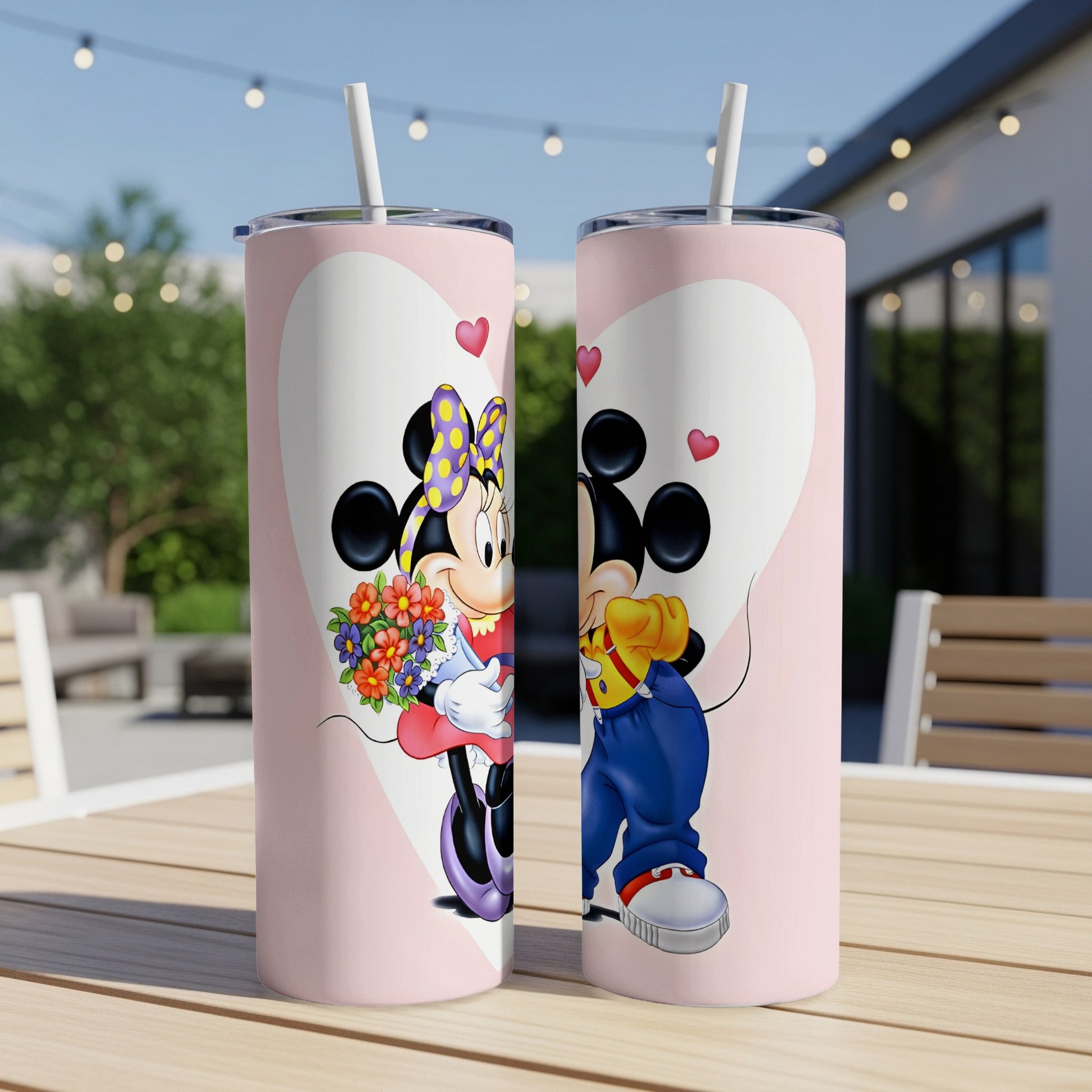 Mickey and Minnie Mouse hold flowers and embrace, with hearts on a pink background.