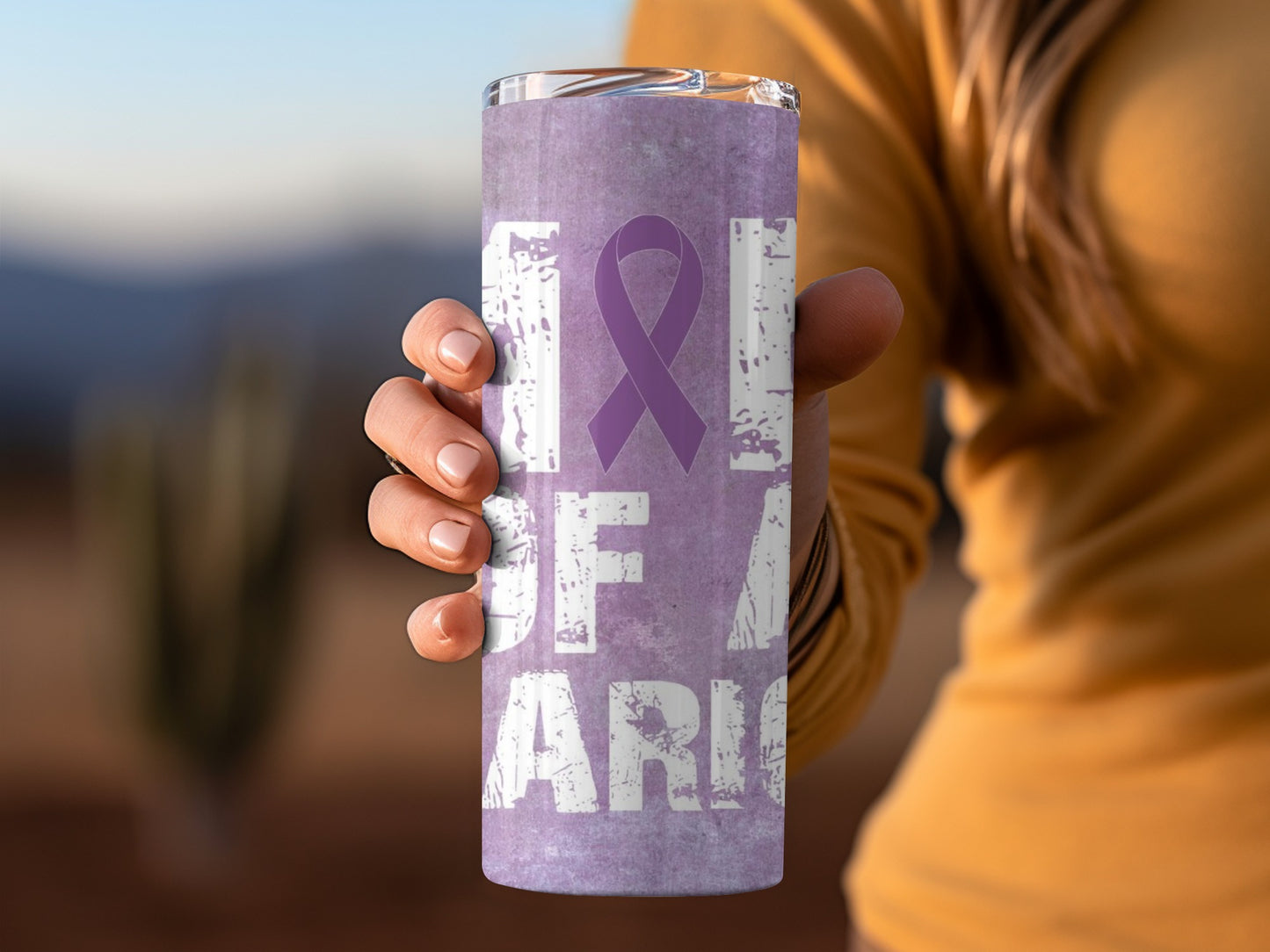 Purple Ribbon Design Motivational Tumbler Product
