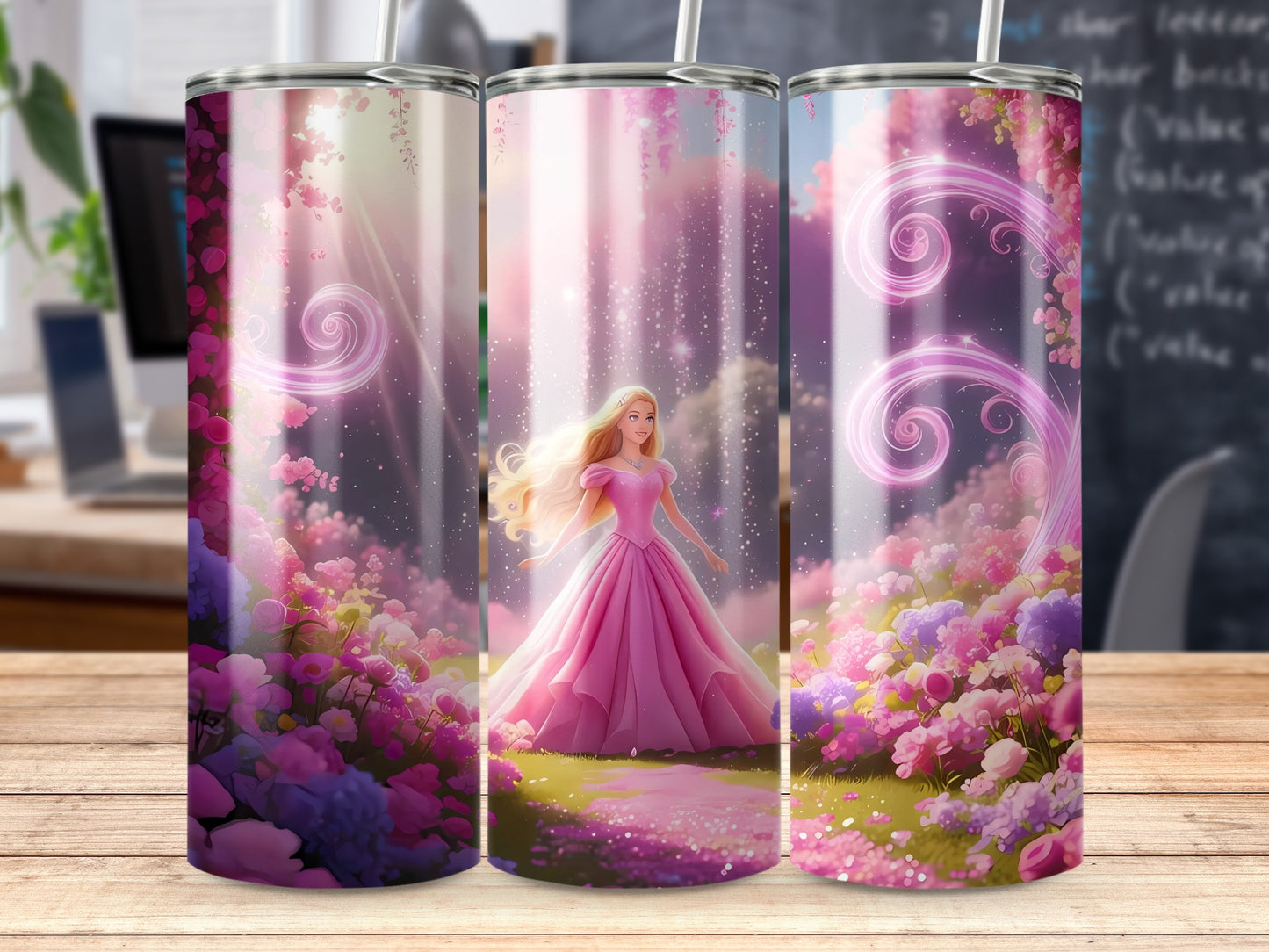 Barbie Inspired Pink Dress Floral Landscape Art Tumblers
