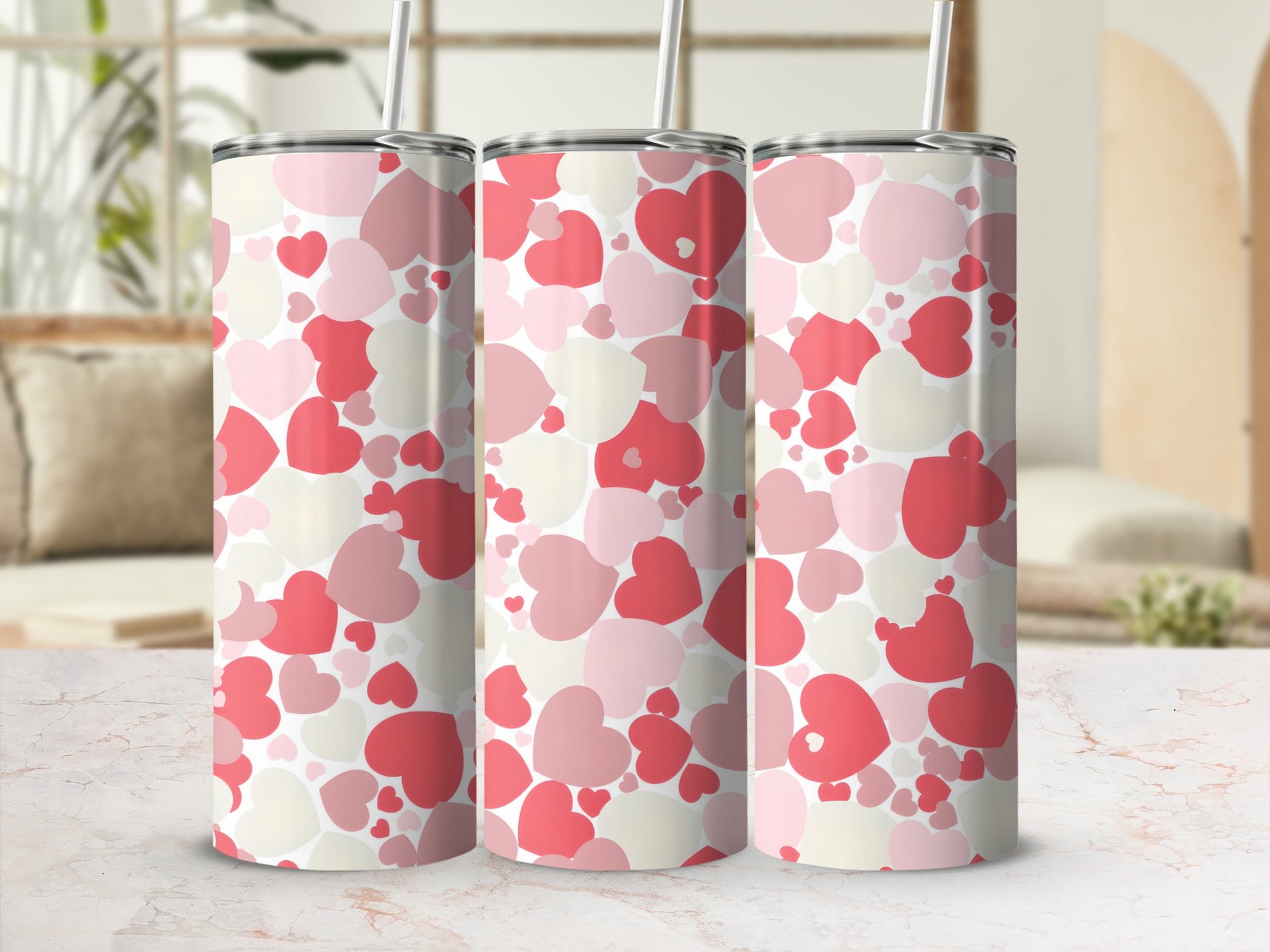 Festive Pink and Red Heart Patterned Drinkware Collection