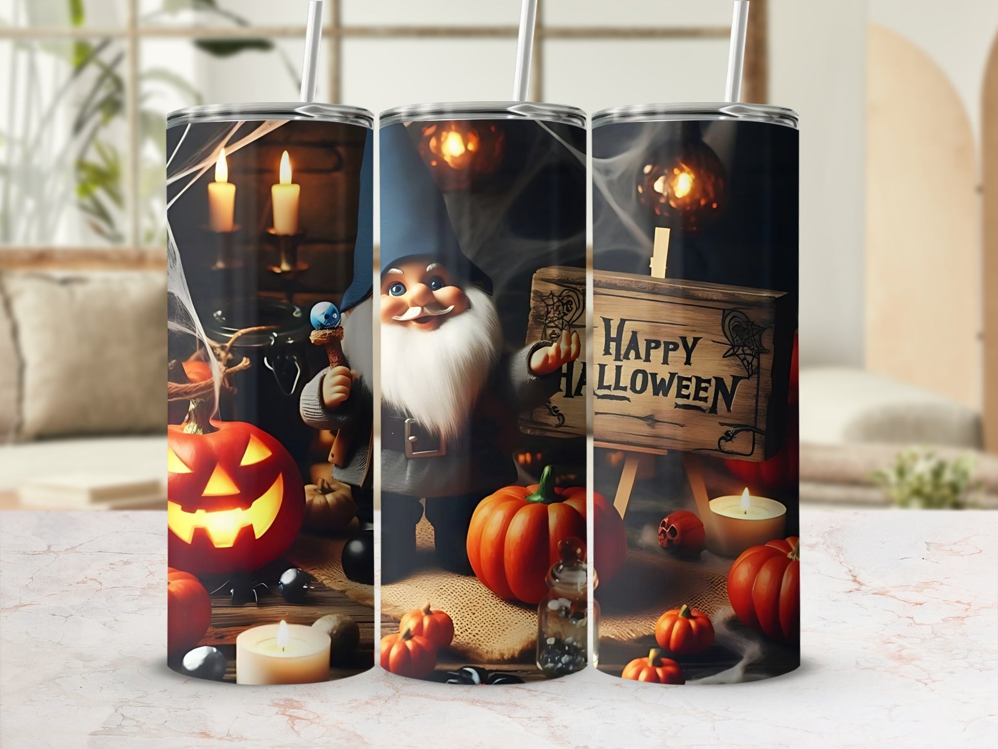 Halloween tumbler with gnome, pumpkin, and "Happy Halloween" sign.