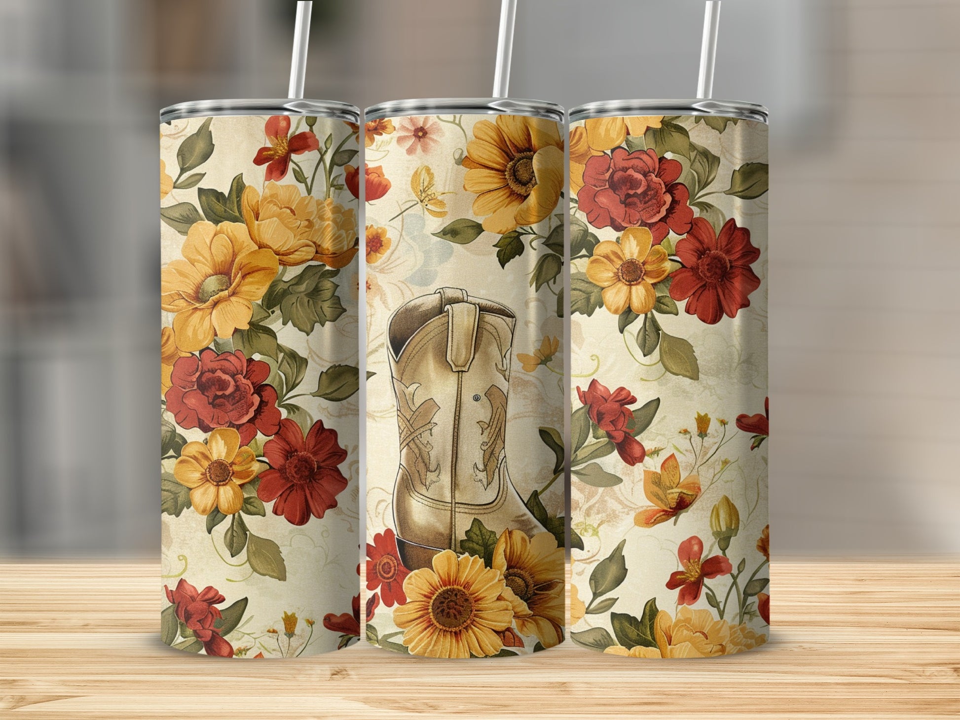 Gold cowboy boot surrounded by vintage floral patterns on three tumblers.