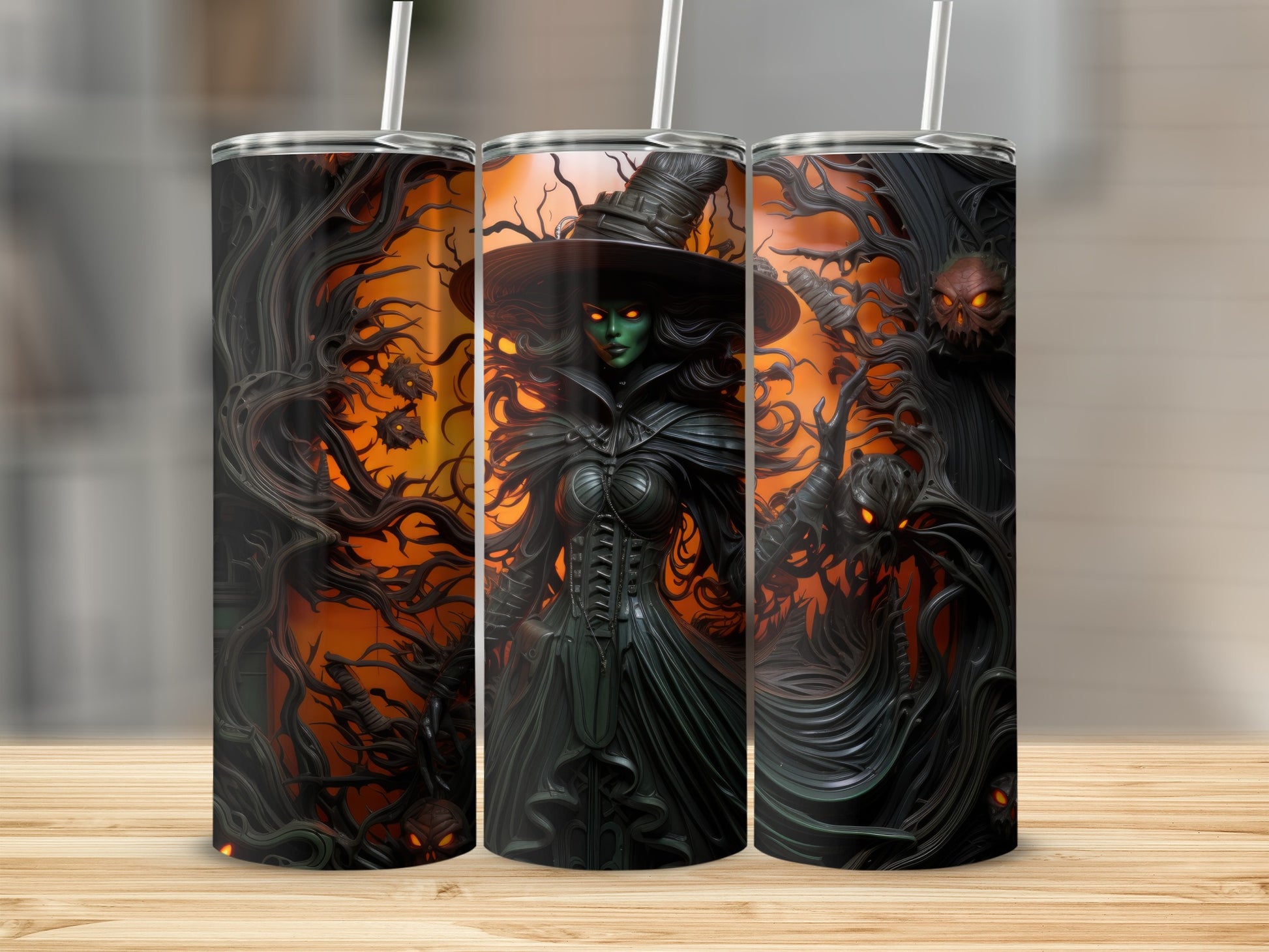 Three tumblers feature a spooky witch with glowing green eyes and dark, gnarled trees.