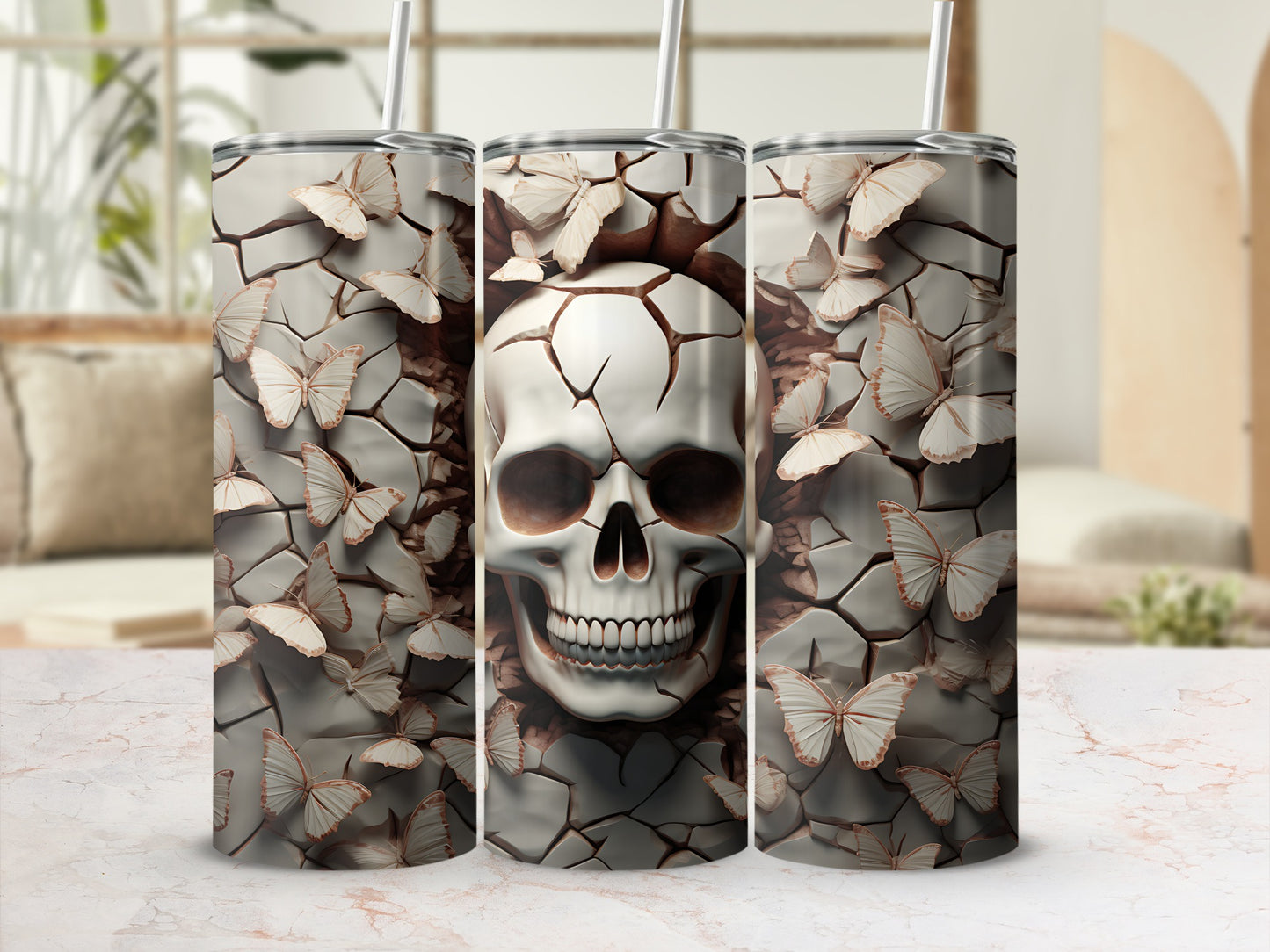 Tumbler with cracked skull and butterflies design.