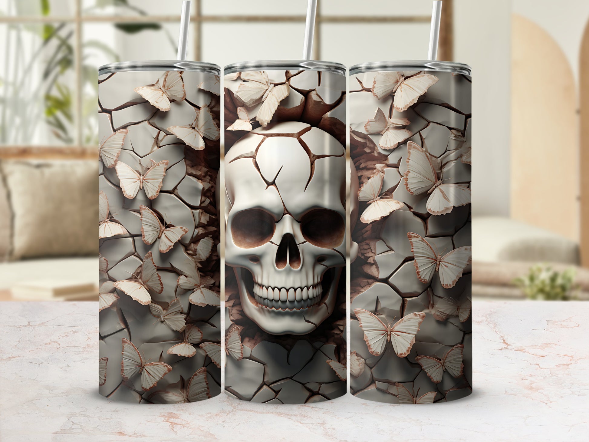 Tumbler with cracked skull and butterflies design.