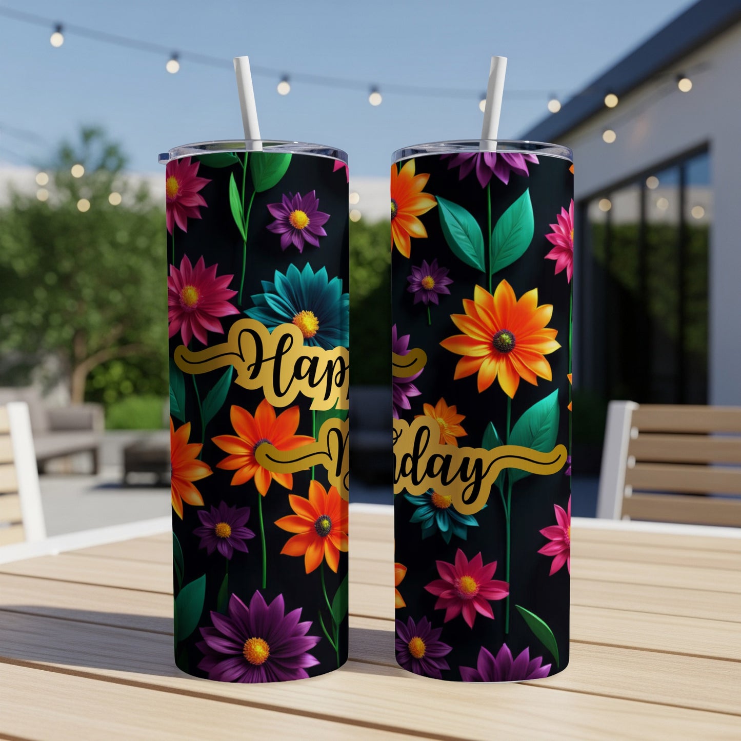 Two black tumblers with colorful flowers and "Happy Birthday" text.