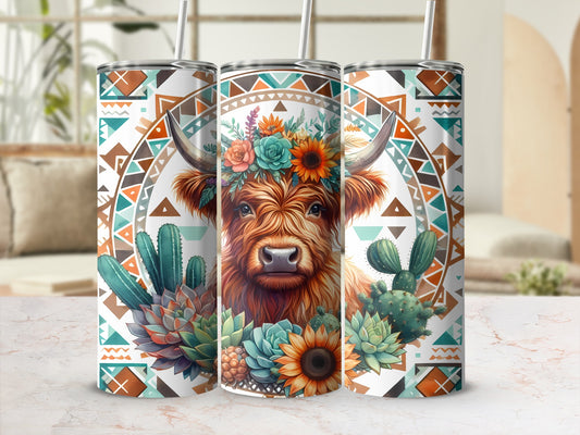 Highland cow with floral crown and desert succulents on patterned tumblers.