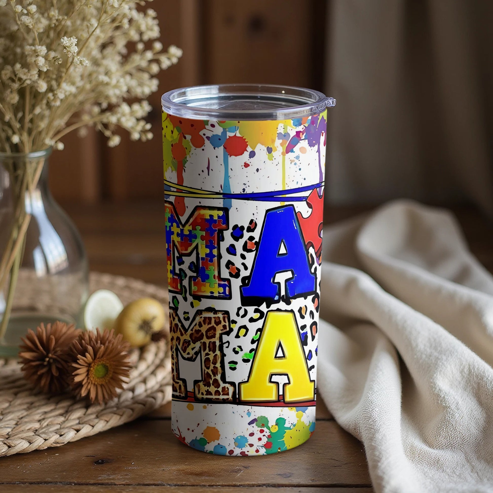 Colorful Artistic Mama Travel Tumbler with Lid