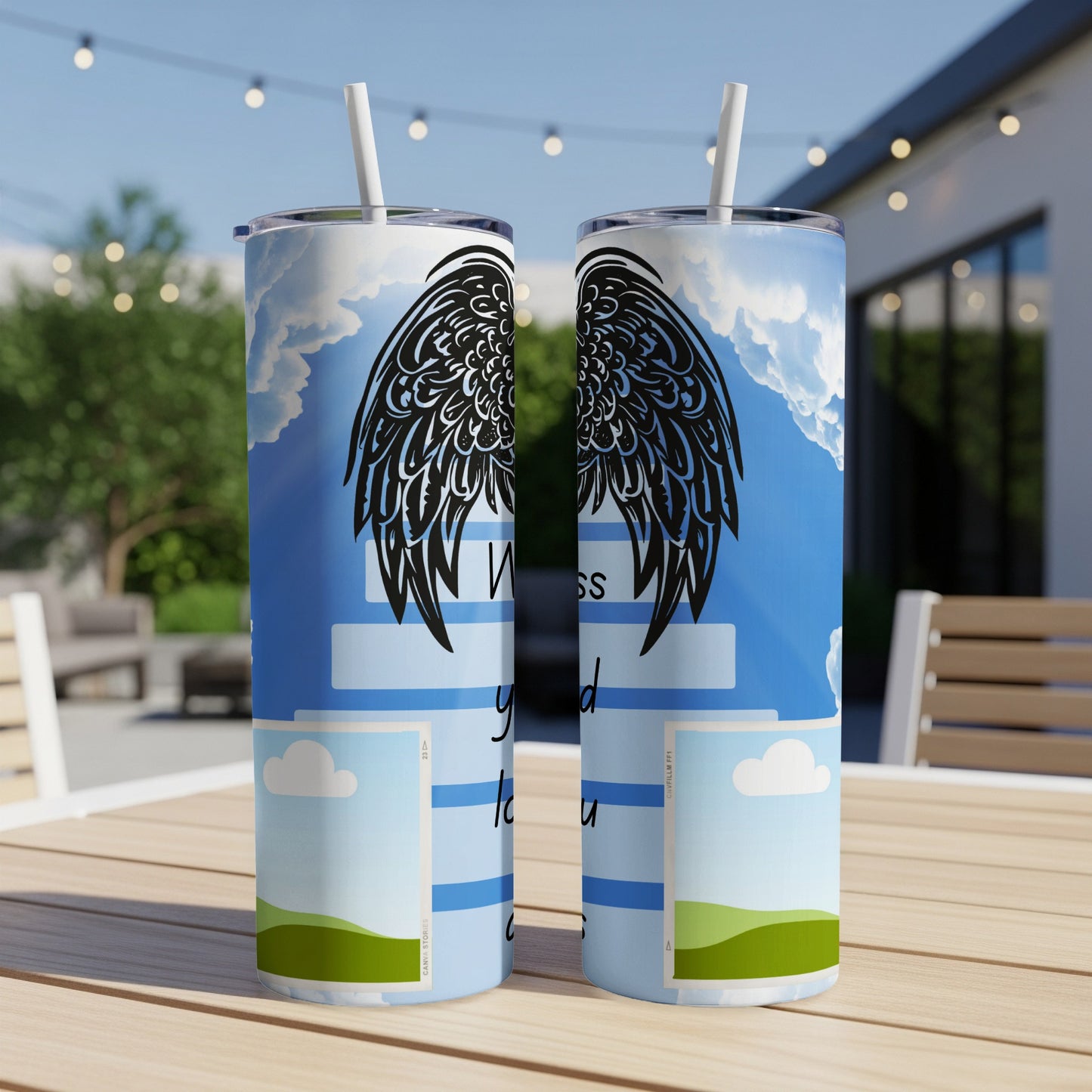 Two tumblers with angel wings, clouds, and text that says "I miss you."