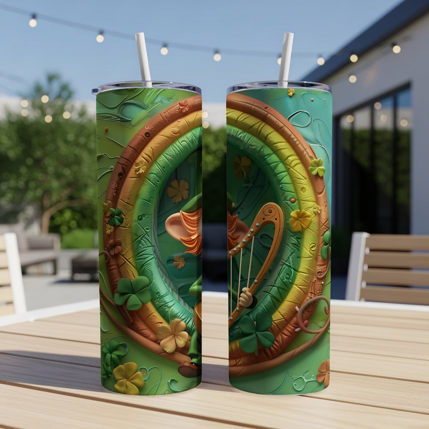 Leprechaun playing a harp in a rainbow arch with shamrocks on a tumbler.