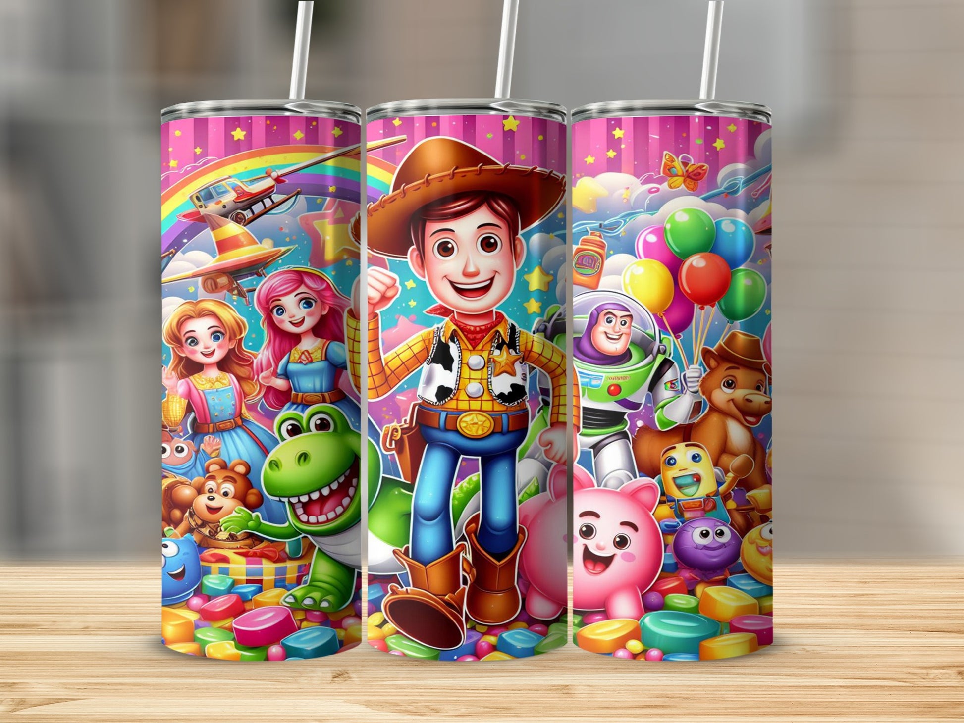 Toy Story characters Woody, Buzz Lightyear, Rex, and Jessie on a pink tumbler.