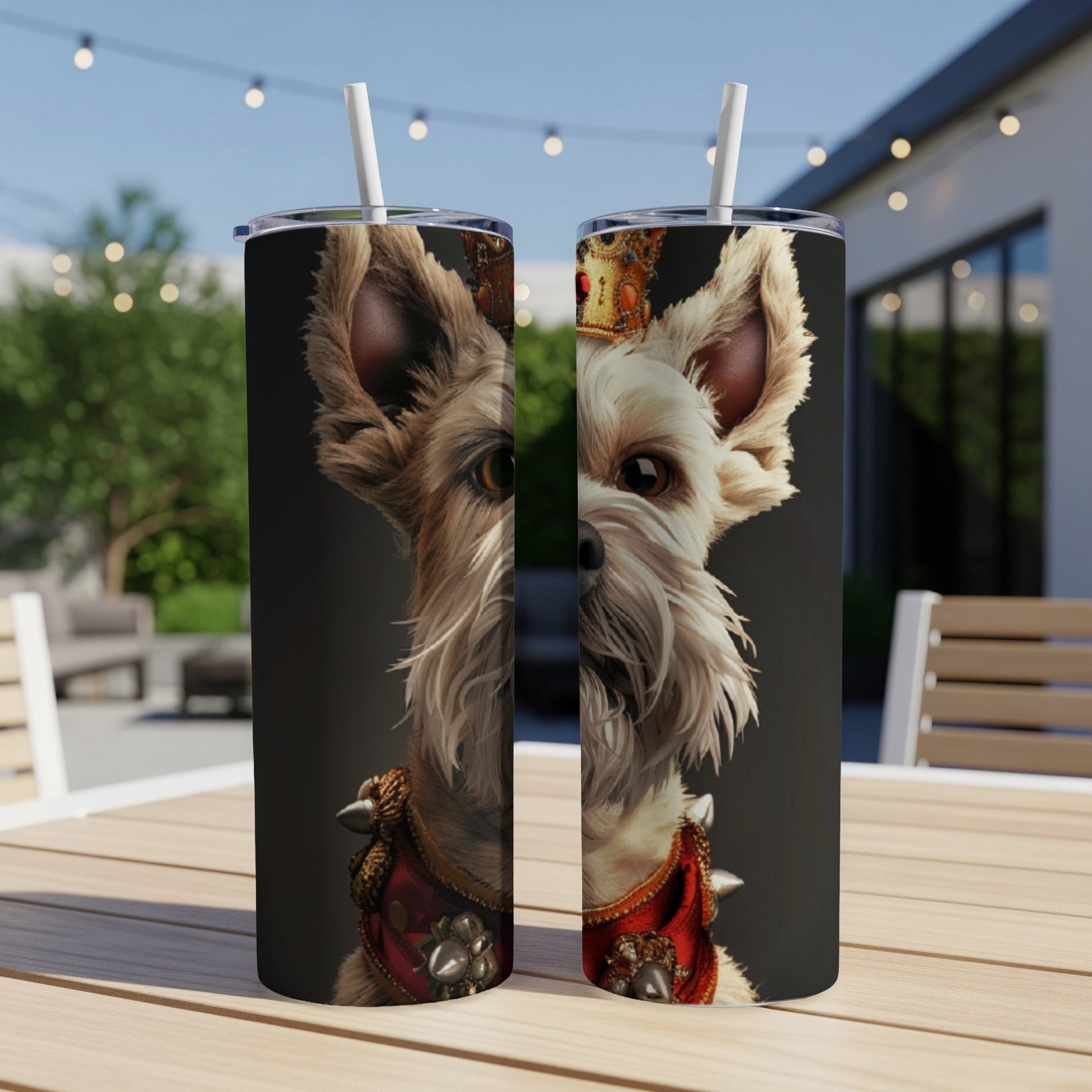 Two tumblers featuring a dog wearing a crown and red jeweled collar.