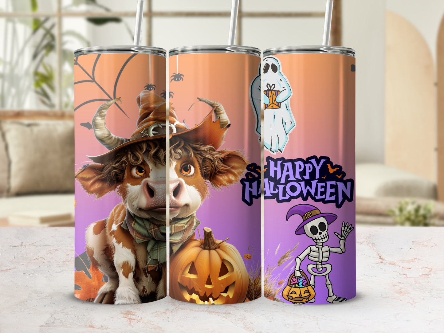 Festive Halloween Design Tumblers with Cute Cow Skeleton Ghost