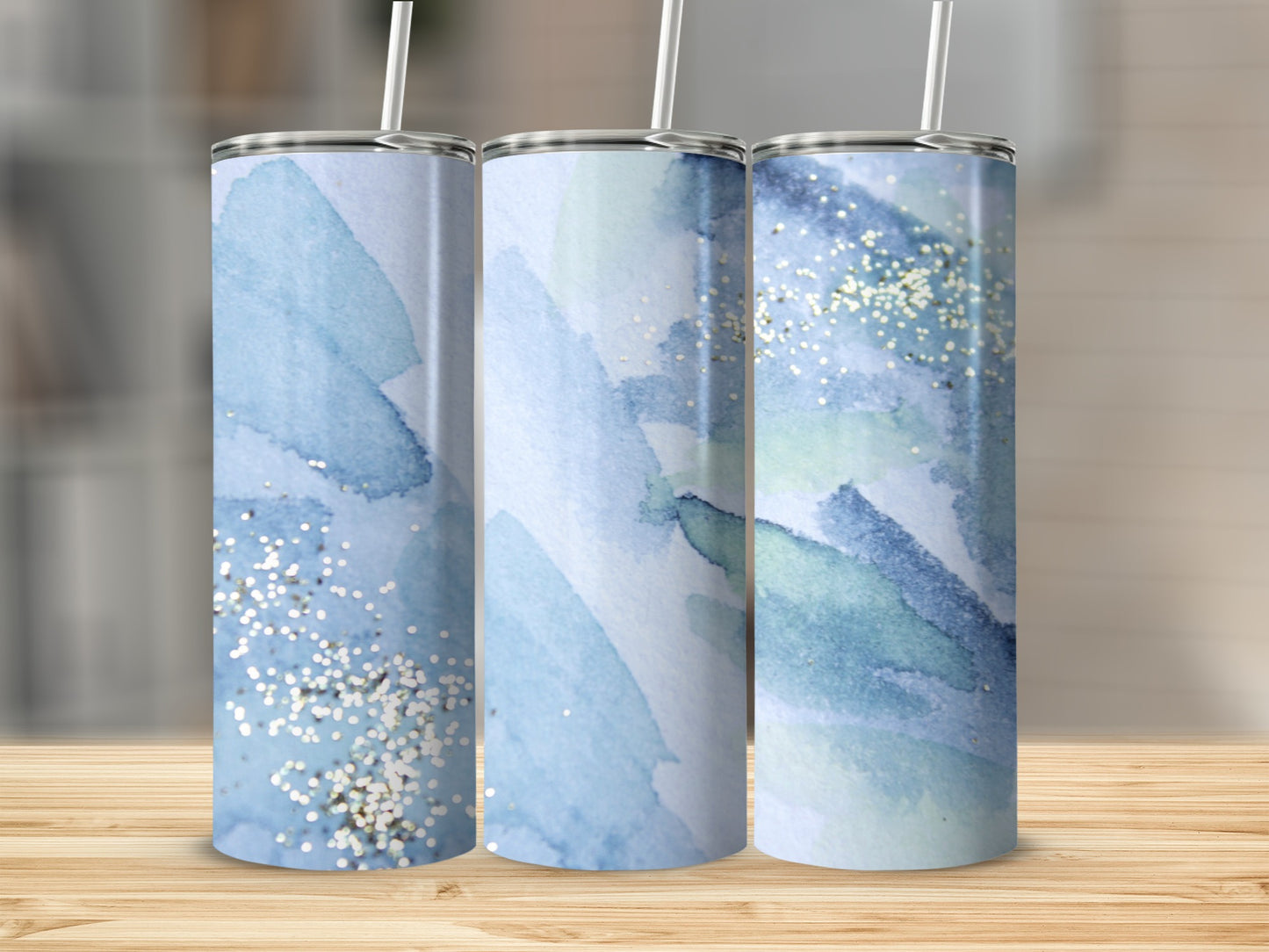 Abstract Blue Watercolor and Glitter Tumbler