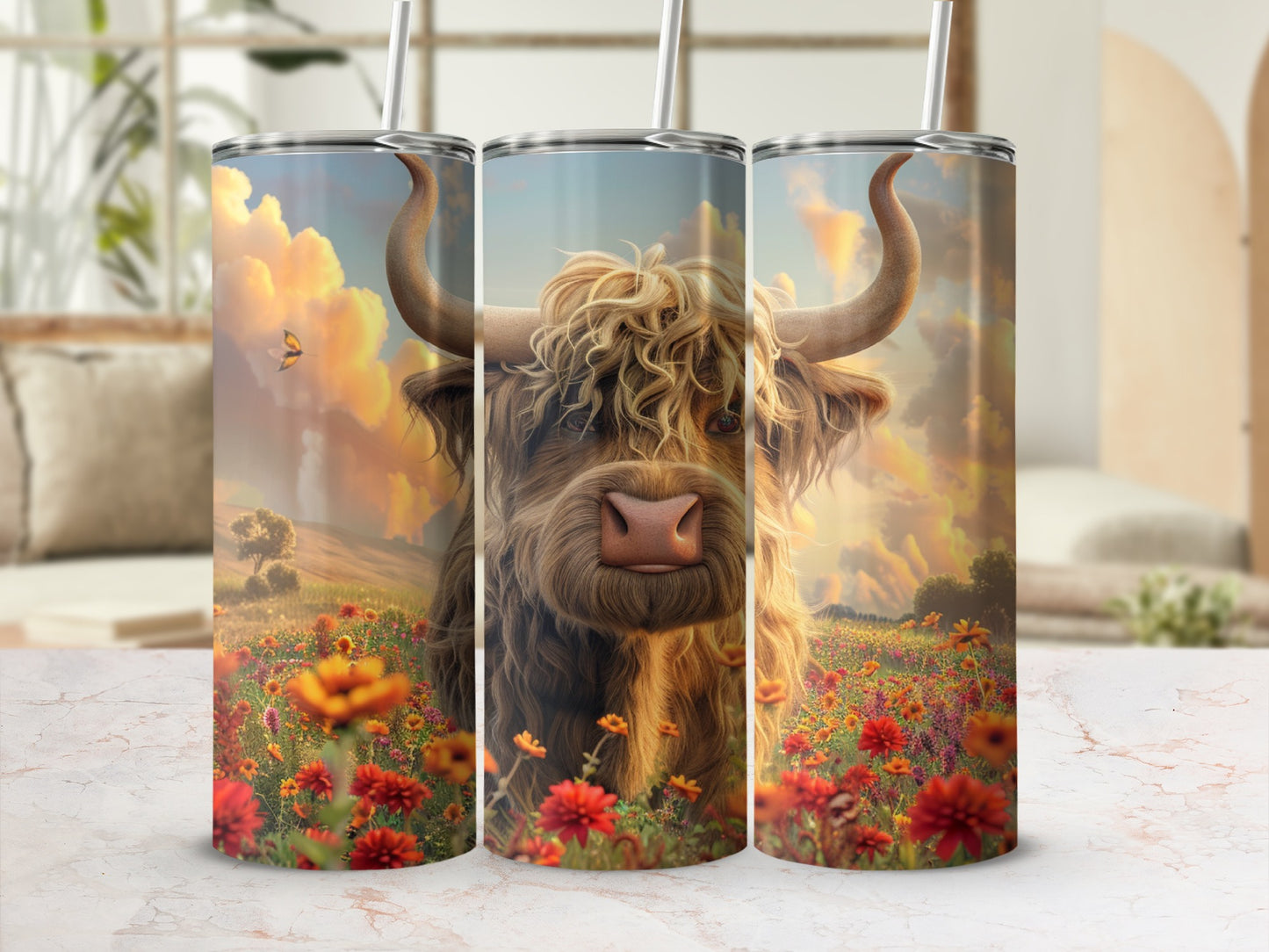 Highland cow in a field of wildflowers with a soft sunset background.