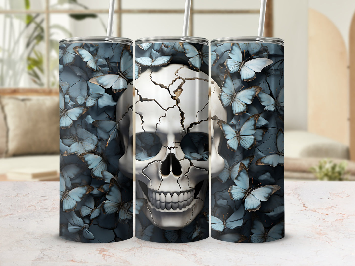 Skull with cracks on its forehead surrounded by blue butterflies.