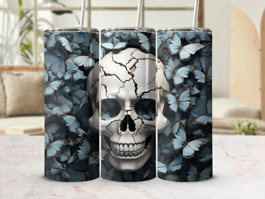 Skull with cracks on its forehead surrounded by blue butterflies.