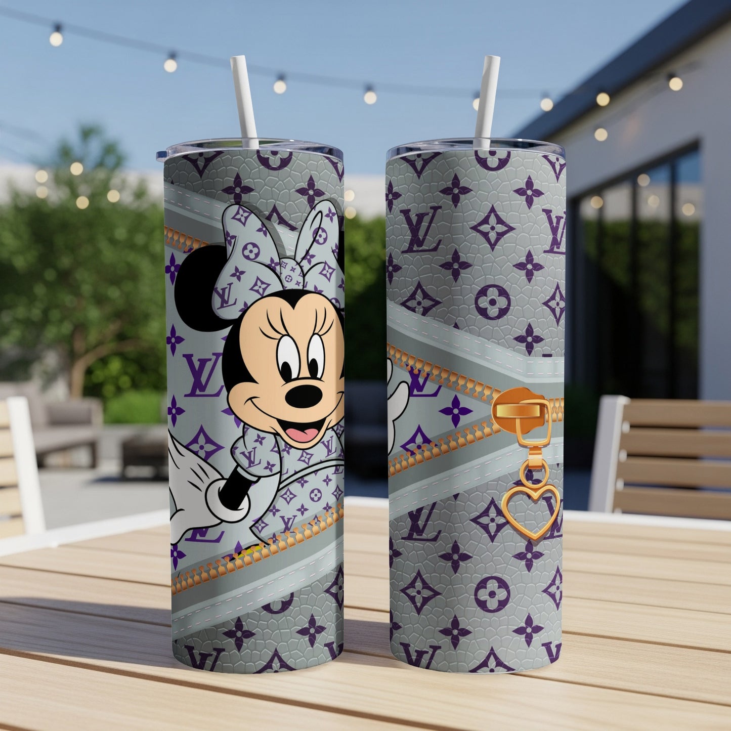 Minnie Mouse on gray tumbler with purple LV-inspired pattern and gold zipper.