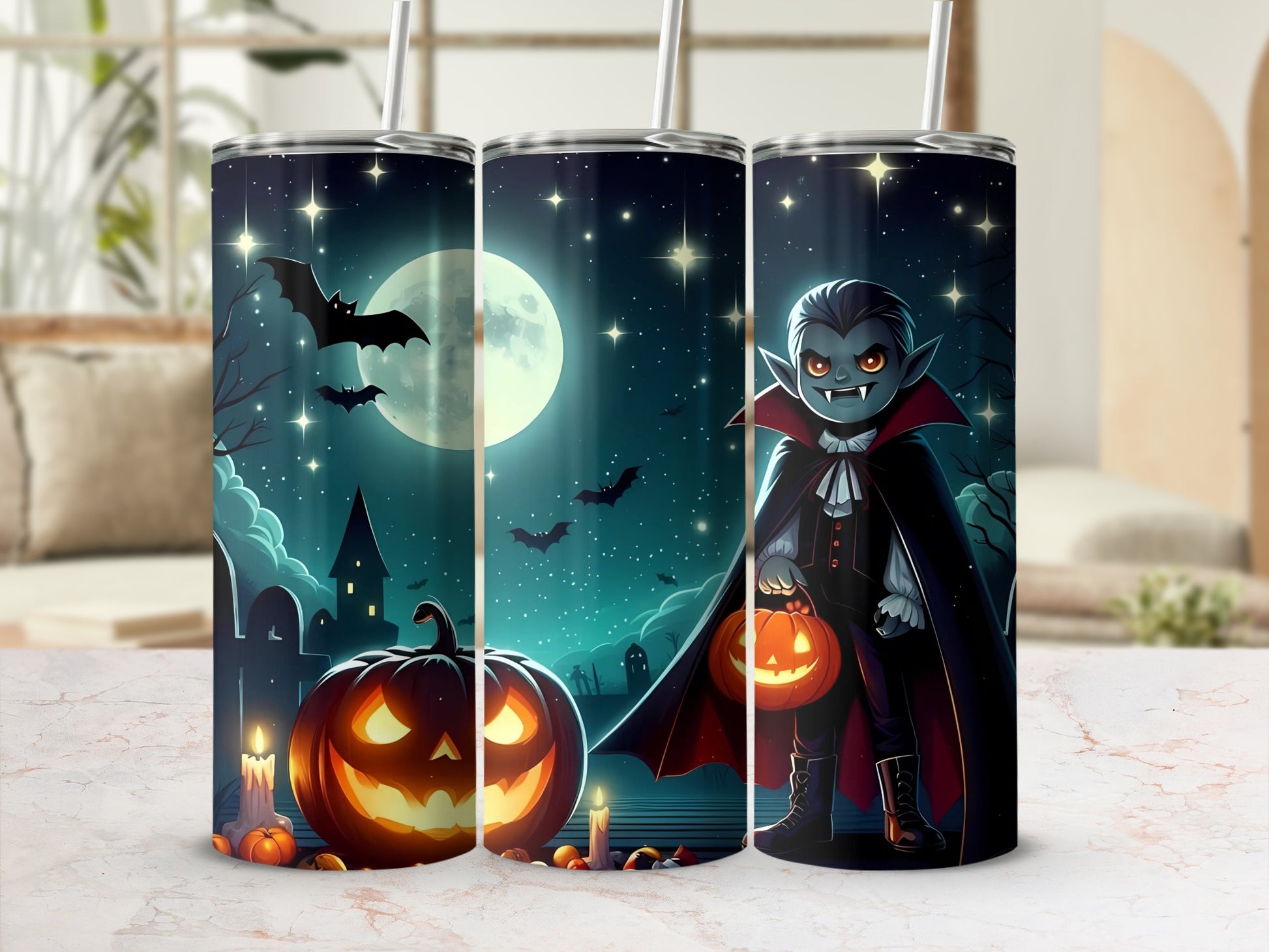 Halloween tumbler with vampire, jack-o'-lantern, bats, and spooky night scene.