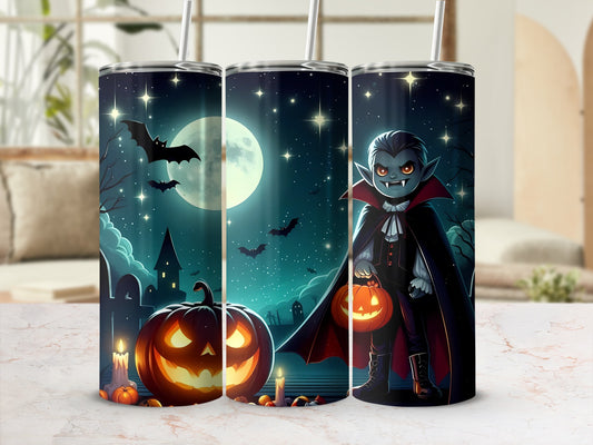Halloween tumbler with vampire, jack-o'-lantern, bats, and spooky night scene.