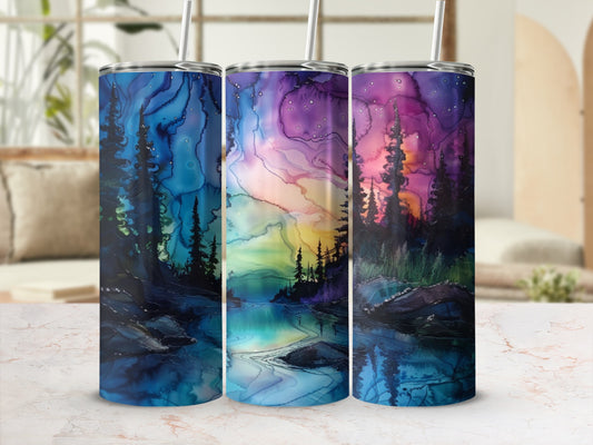 Three tumblers with a starry night sky and pine tree forest scene.