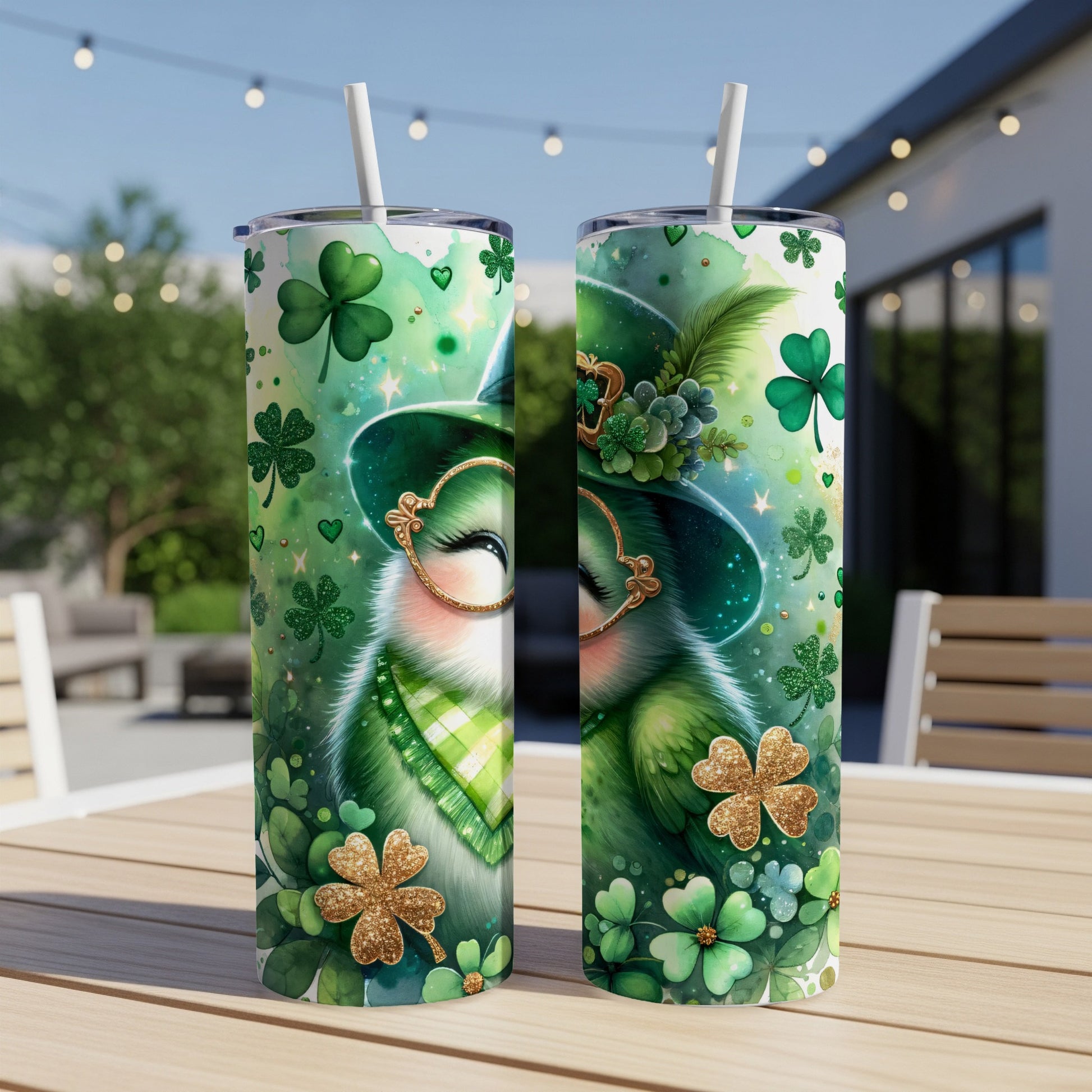 Green St. Patrick's Day themed tumbler with owl wearing a hat and glasses.