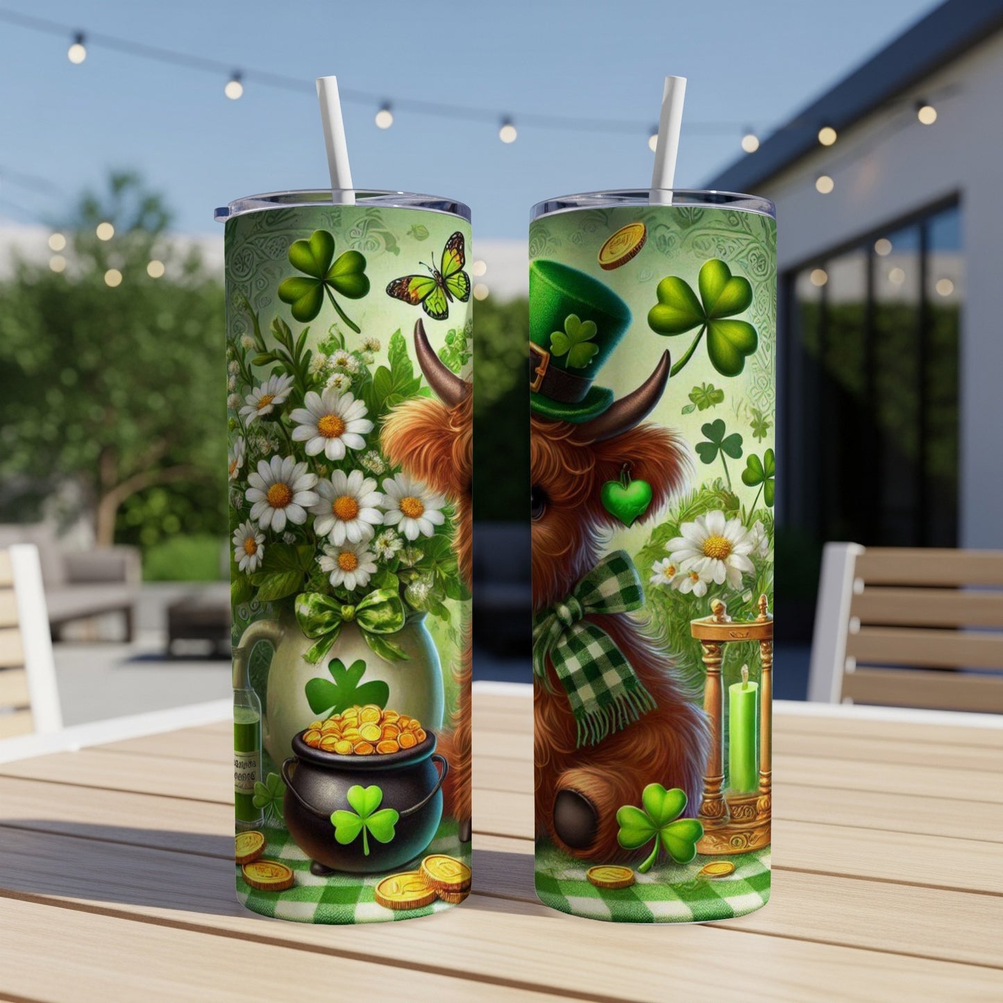 Two St. Patrick's Day themed tumblers with a highland cow and shamrocks.