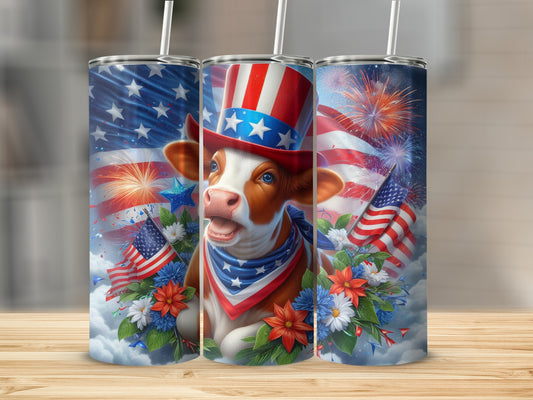 Cow wearing patriotic hat and bandana with fireworks and American flags.