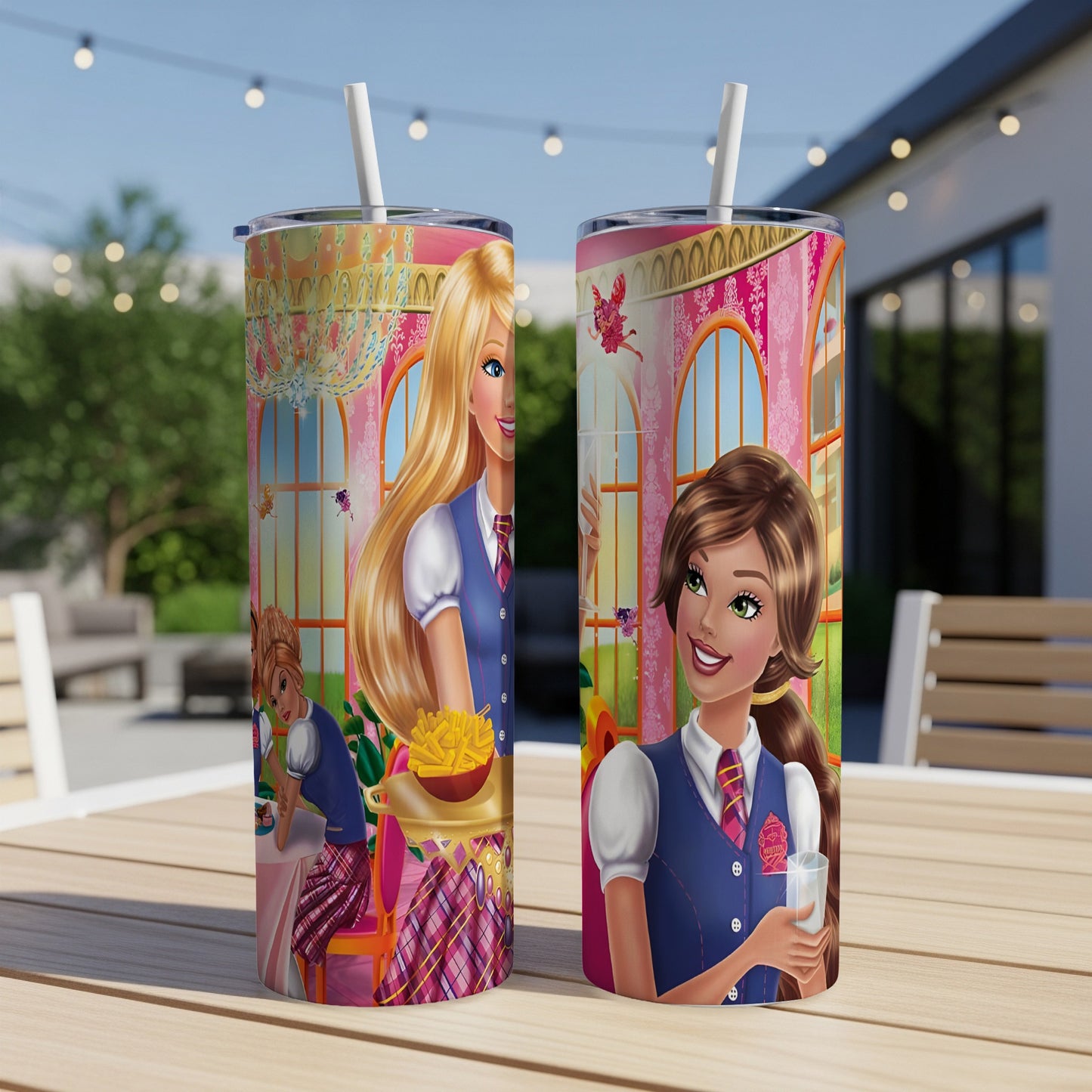 Two Barbie tumblers with schoolgirl design, one holding fries.