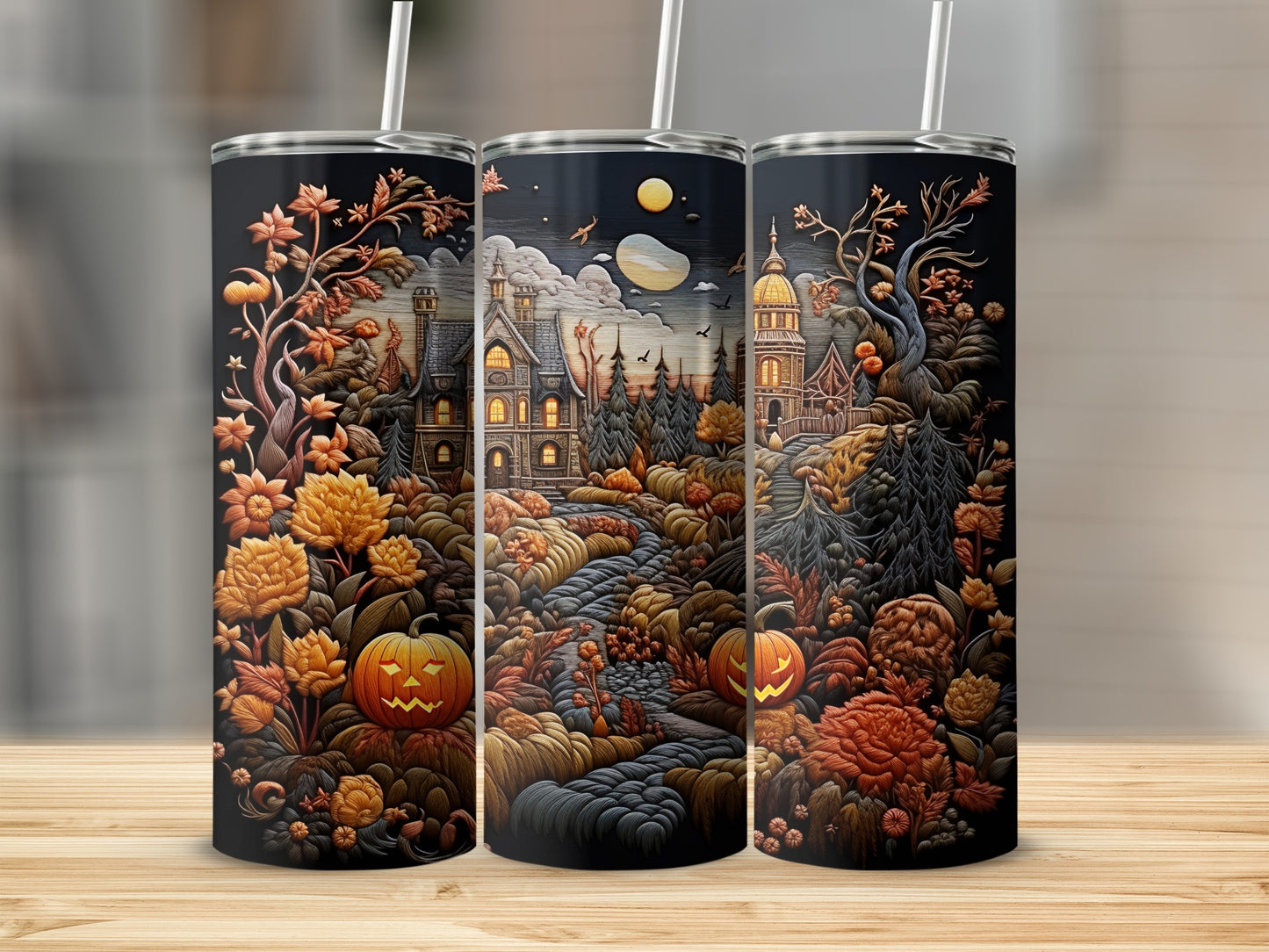 Three tumblers with a Halloween scene featuring jack-o'-lanterns, spooky houses, and autumn foliage.