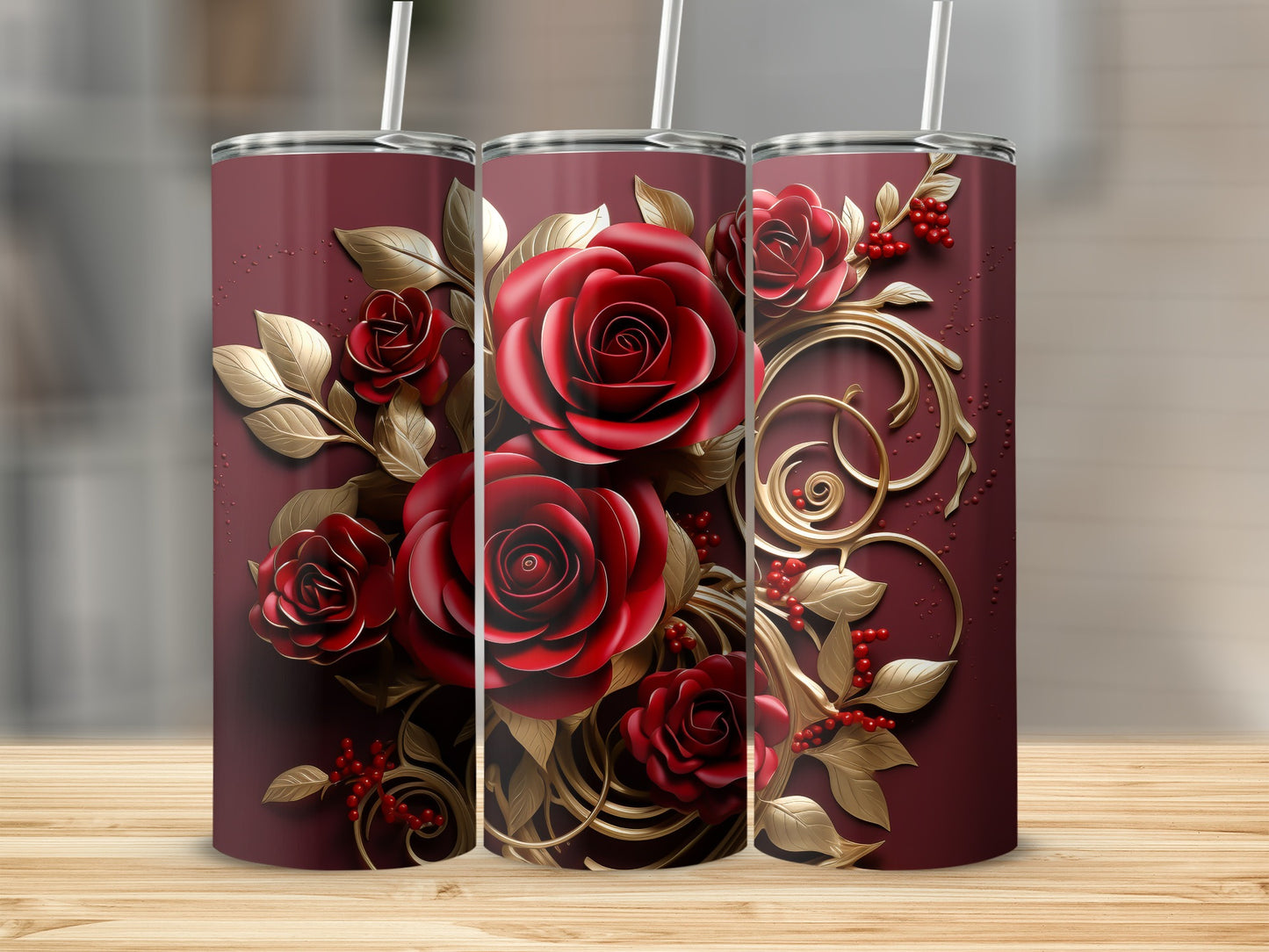 Burgundy tumbler with red roses and gold floral accents.