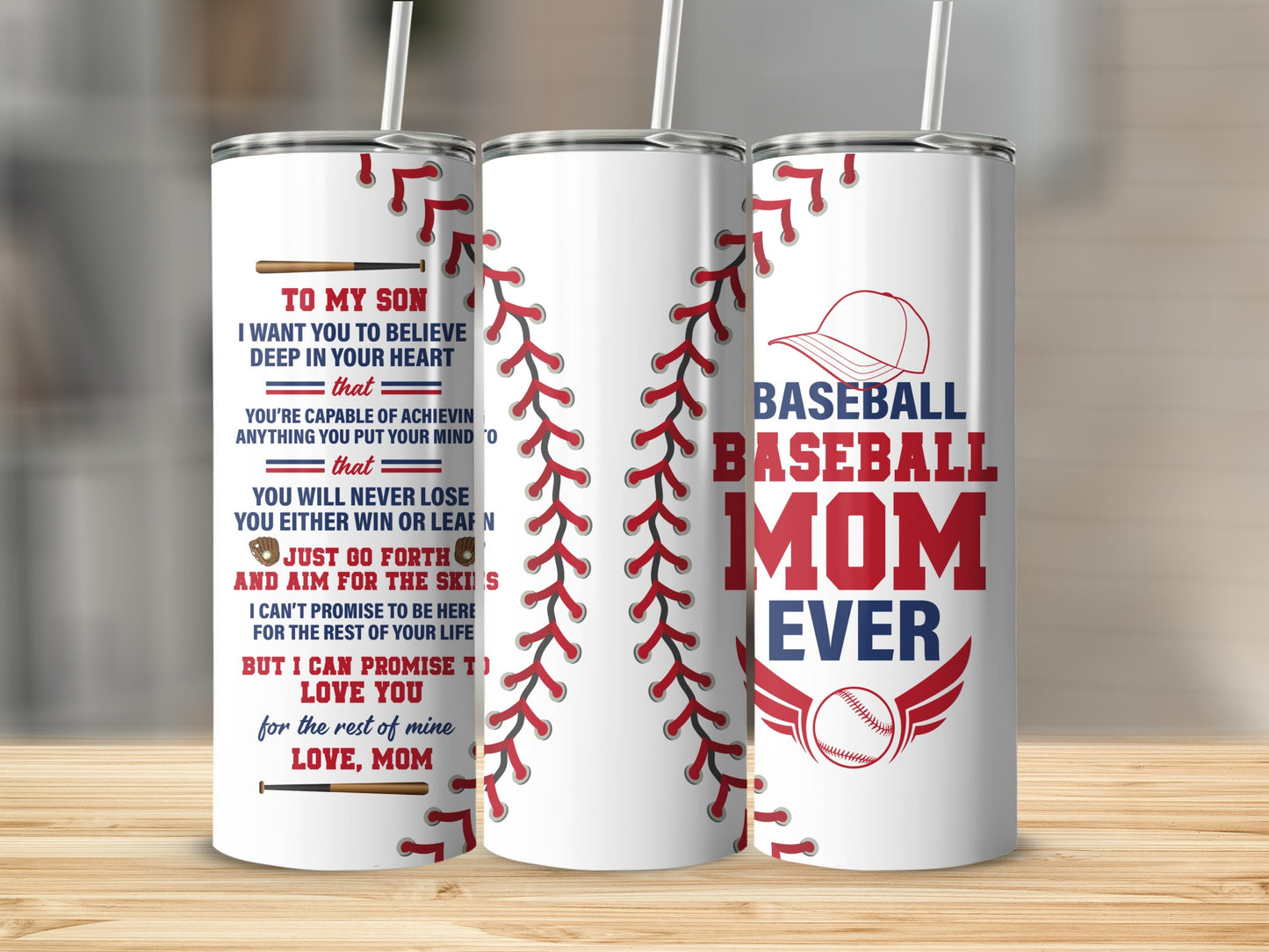 Tumbler with baseball stitching and "Baseball Mom Ever" text.